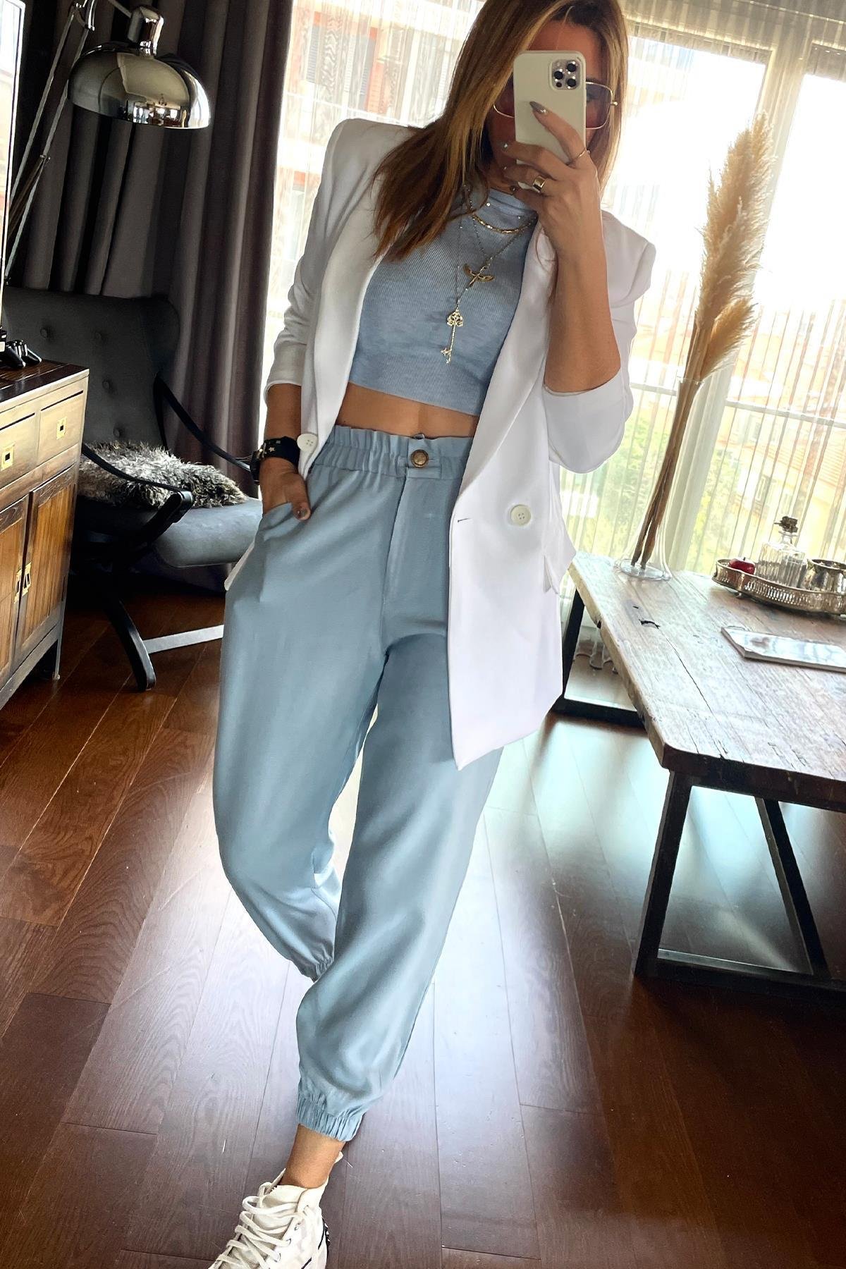 Bisiklet Yaka Kolsuz Crop Triko Kazak Bebe Mavi