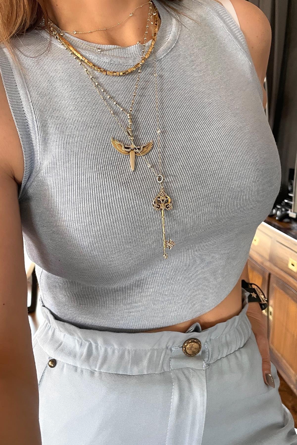 Bisiklet Yaka Kolsuz Crop Triko Kazak Bebe Mavi