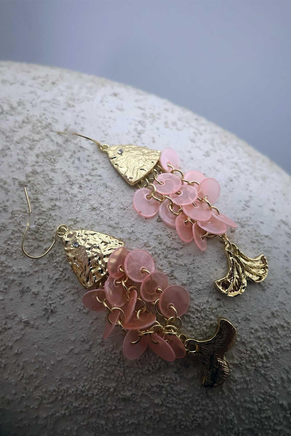 Boncuklu Balık Küpe Açık Pembe
