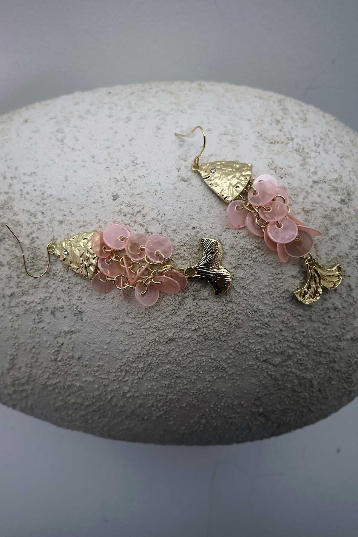 Boncuklu Balık Küpe Açık Pembe