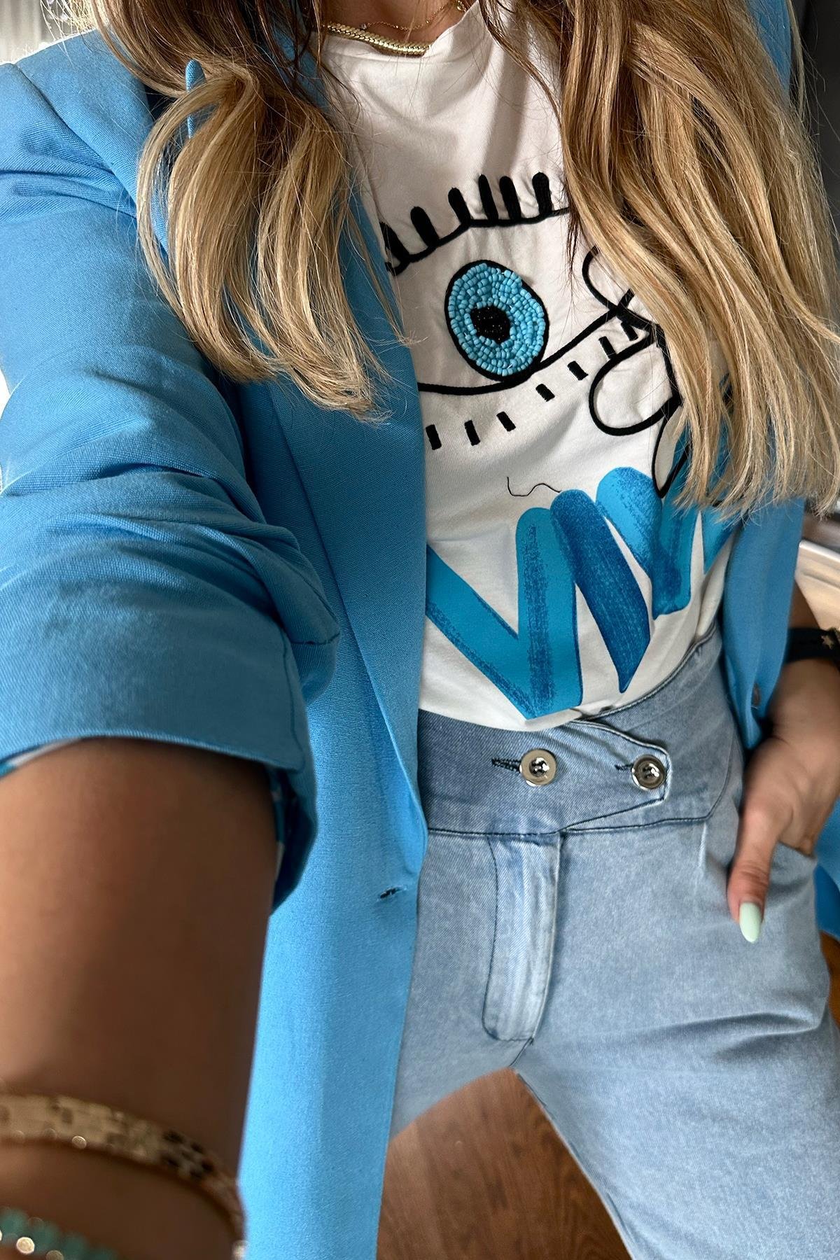 Boncuklu Göz Tshirt Ekru