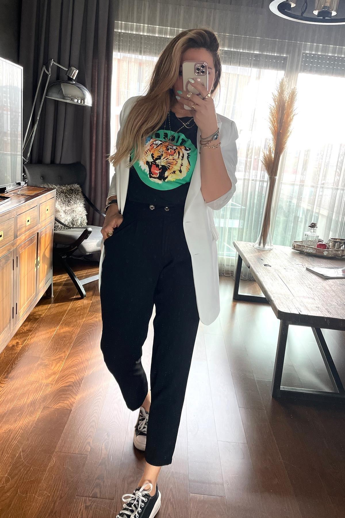 Boncuklu Kaplan Desen Tshirt Siyah