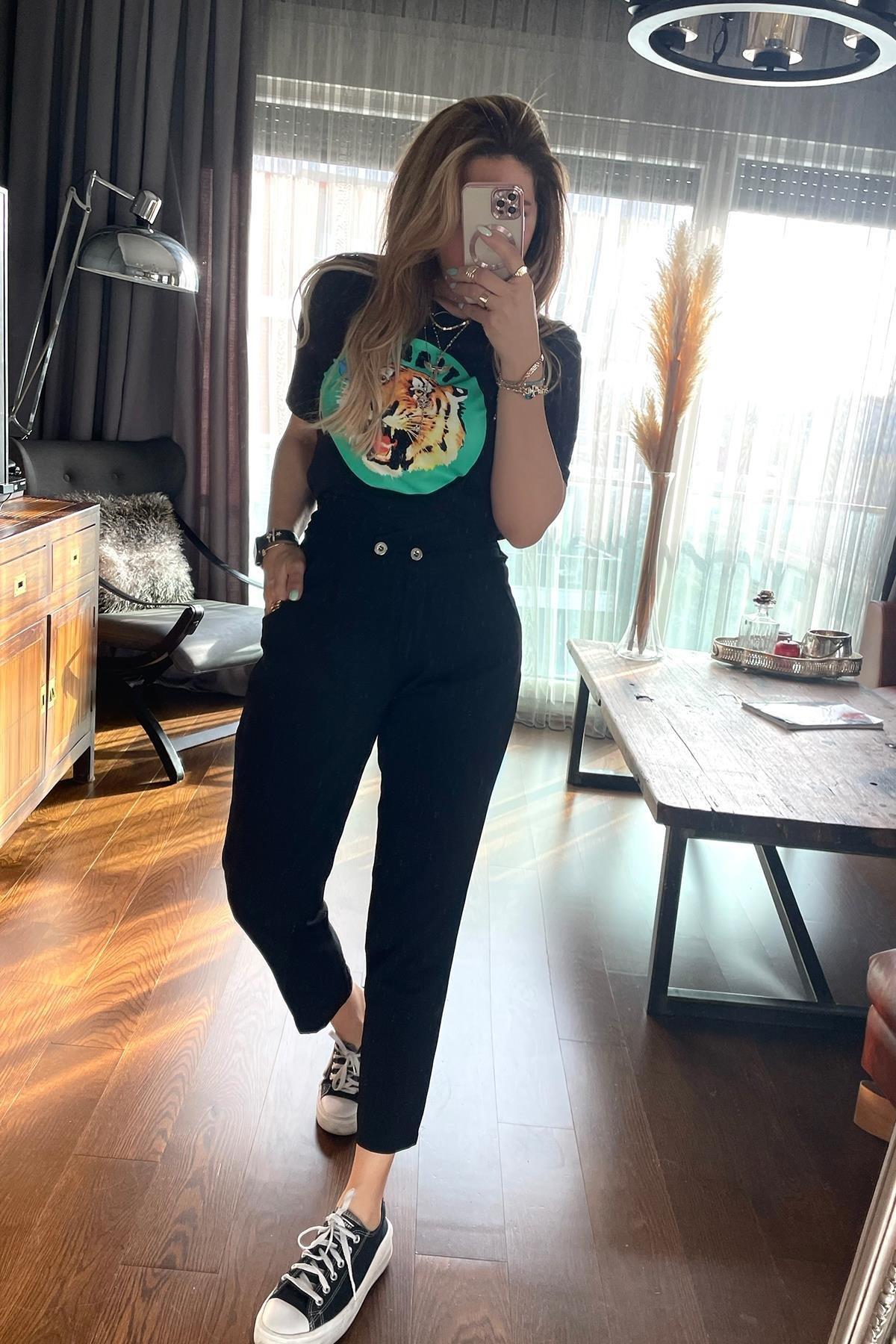 Boncuklu Kaplan Desen Tshirt Siyah