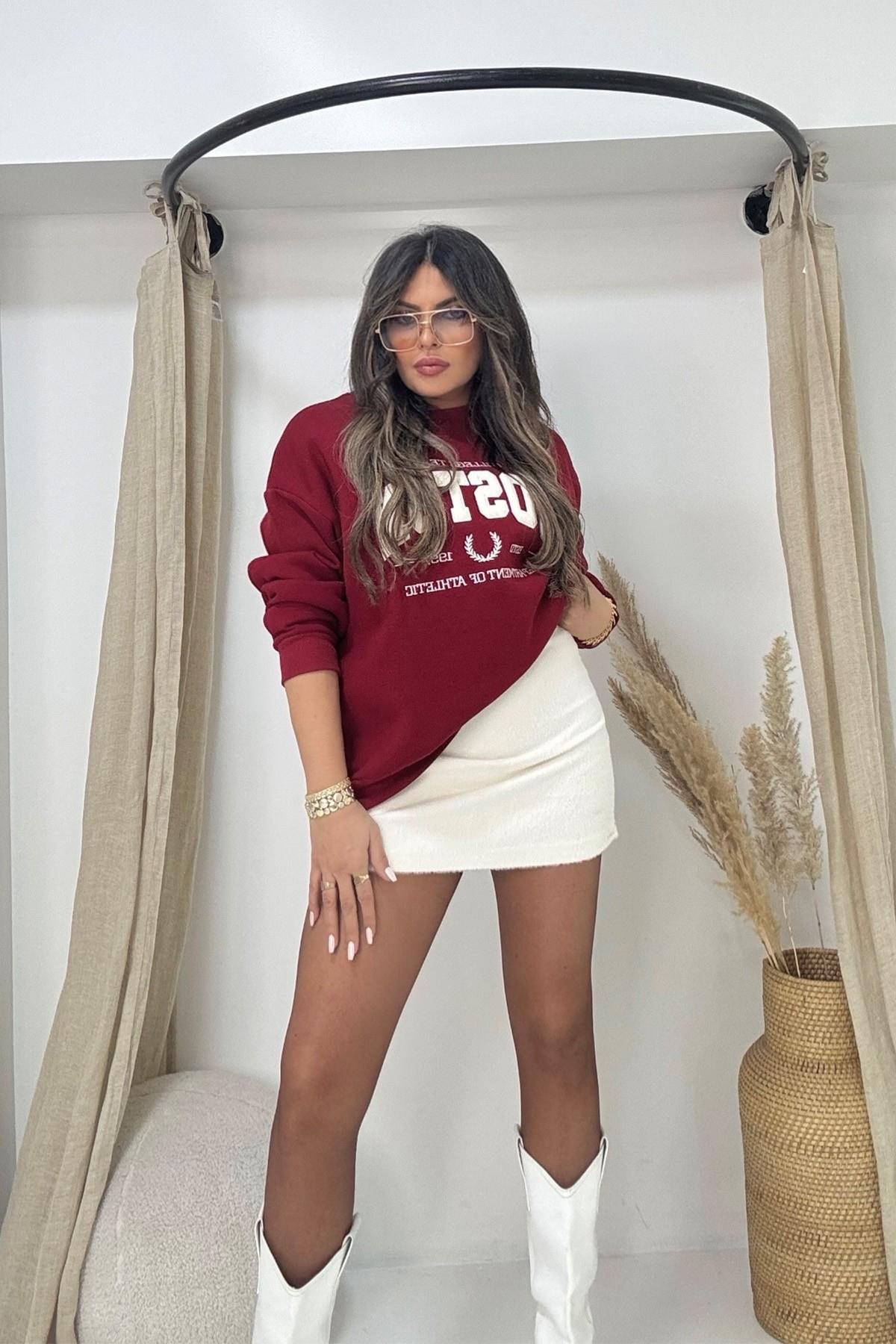 Boston Kürk Yazı Detay Sweatshirt Bordo