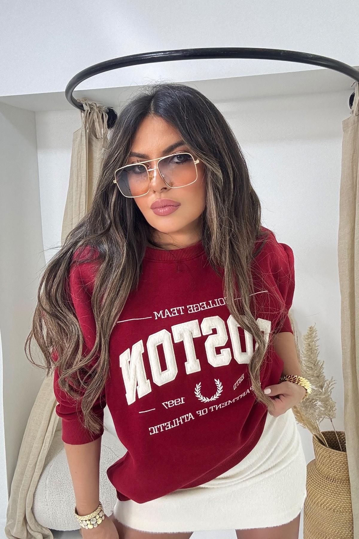 Boston Kürk Yazı Detay Sweatshirt Bordo