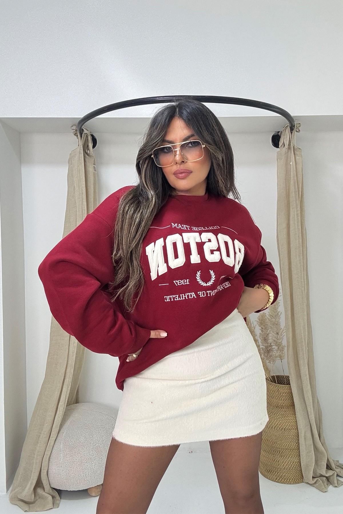 Boston Kürk Yazı Detay Sweatshirt Bordo