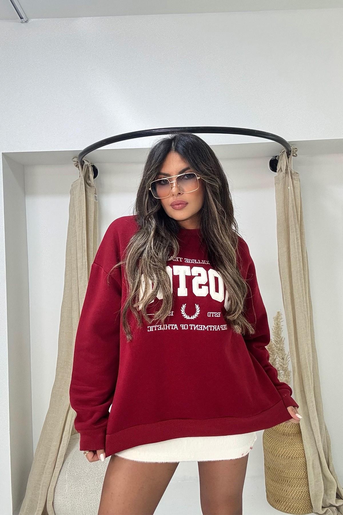 Boston Kürk Yazı Detay Sweatshirt Bordo