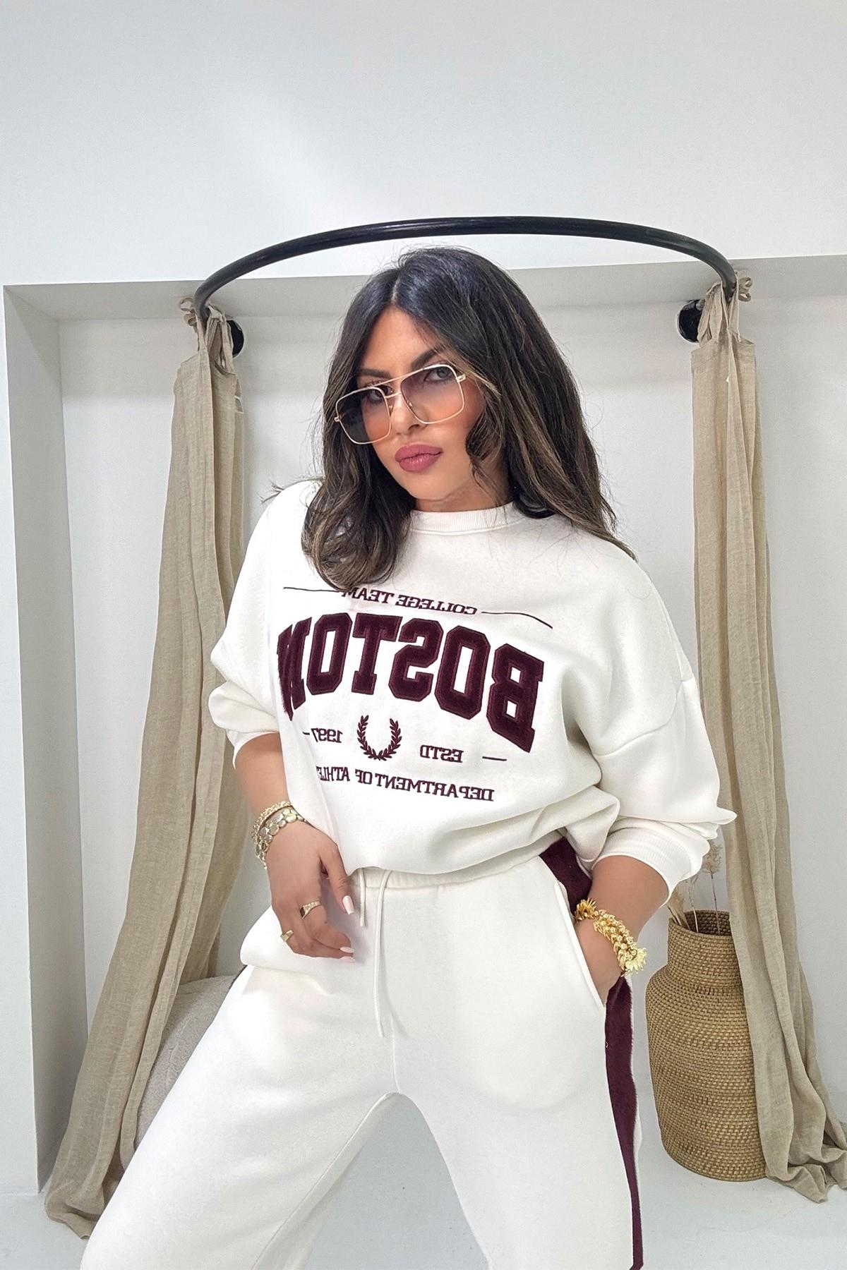 Boston Kürk Yazı Detay Sweatshirt Ekru