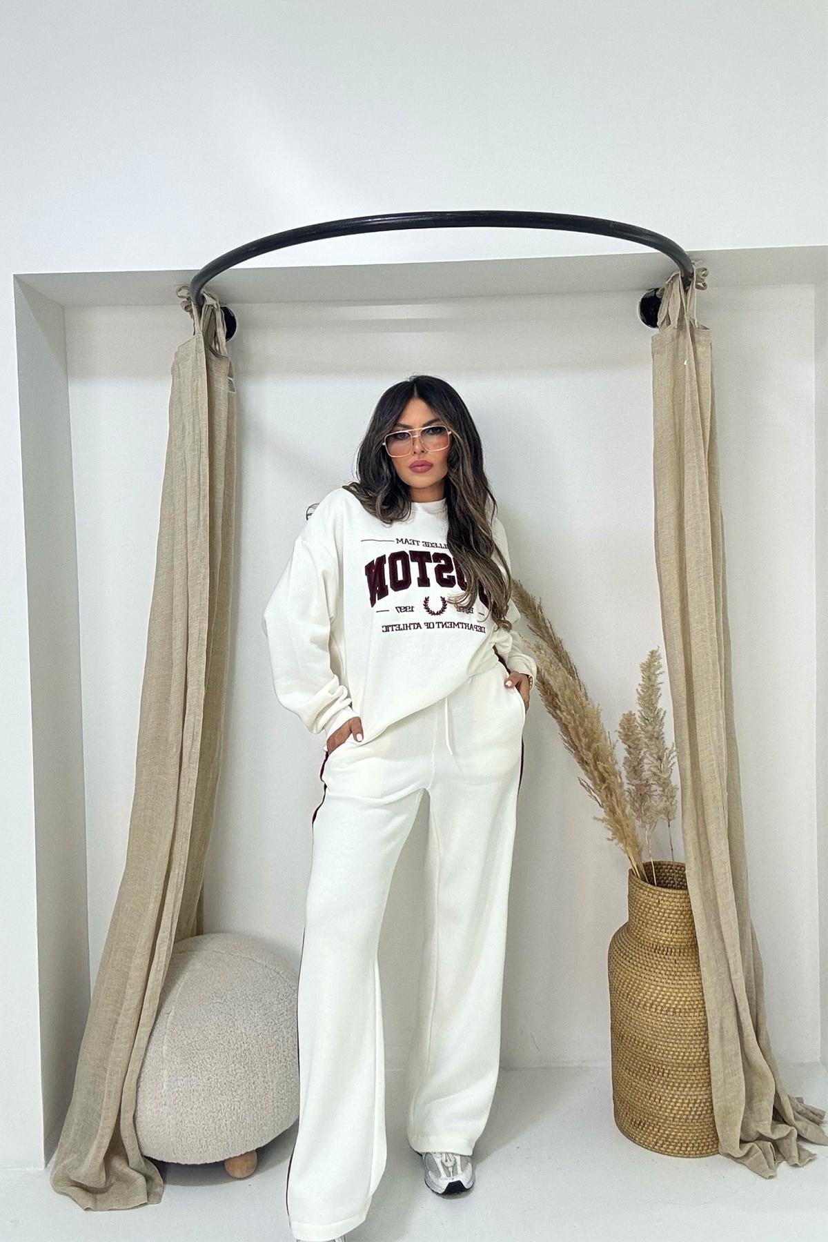 Boston Kürk Yazı Detay Sweatshirt Ekru