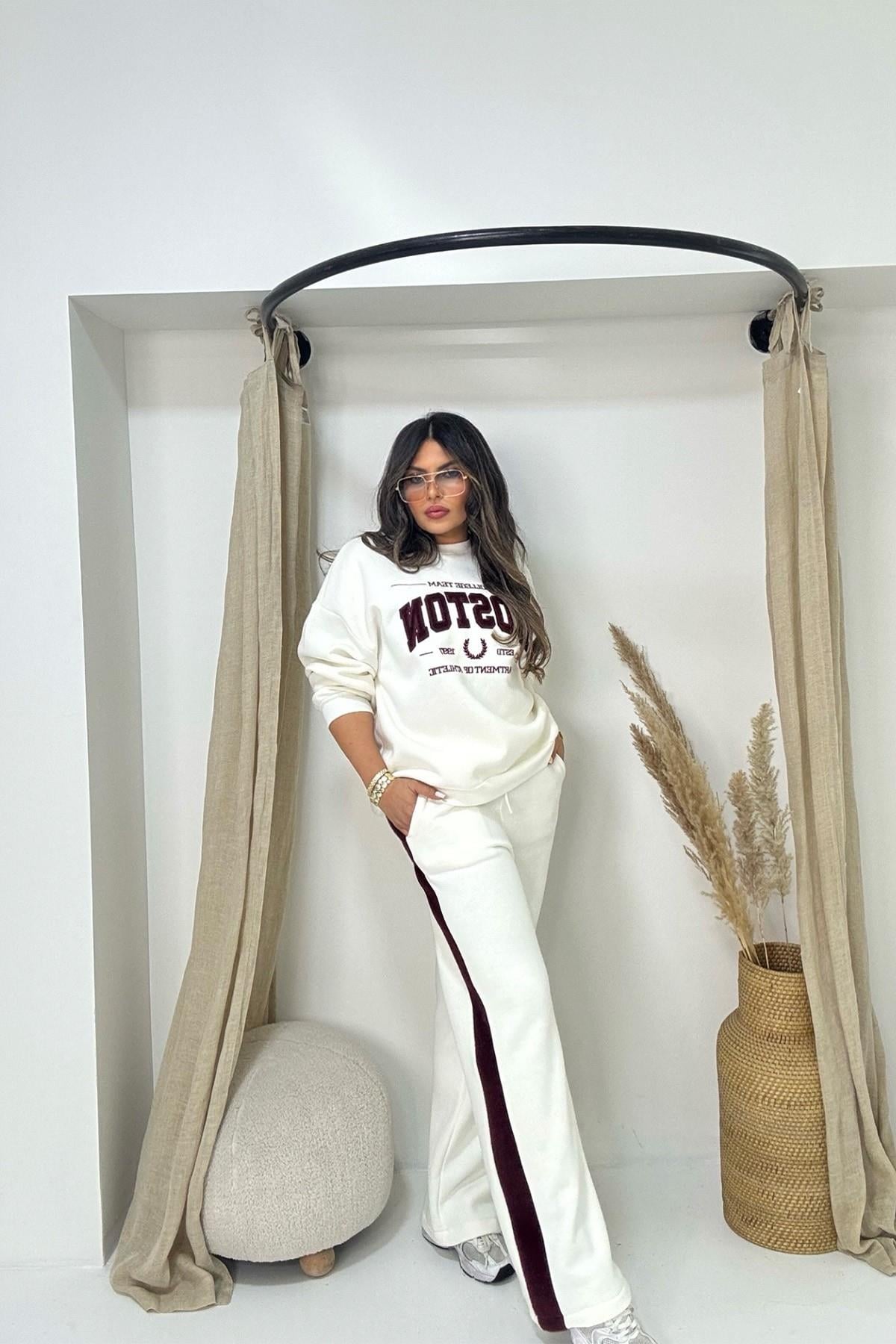 Boston Kürk Yazı Detay Sweatshirt Ekru