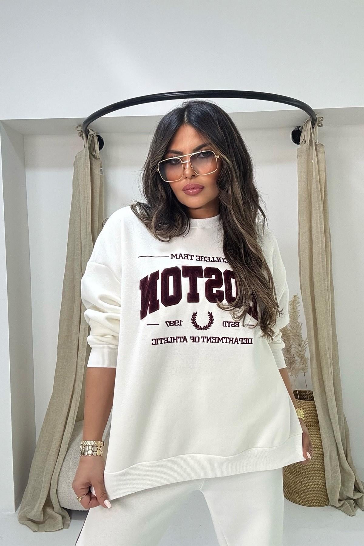 Boston Kürk Yazı Detay Sweatshirt Ekru