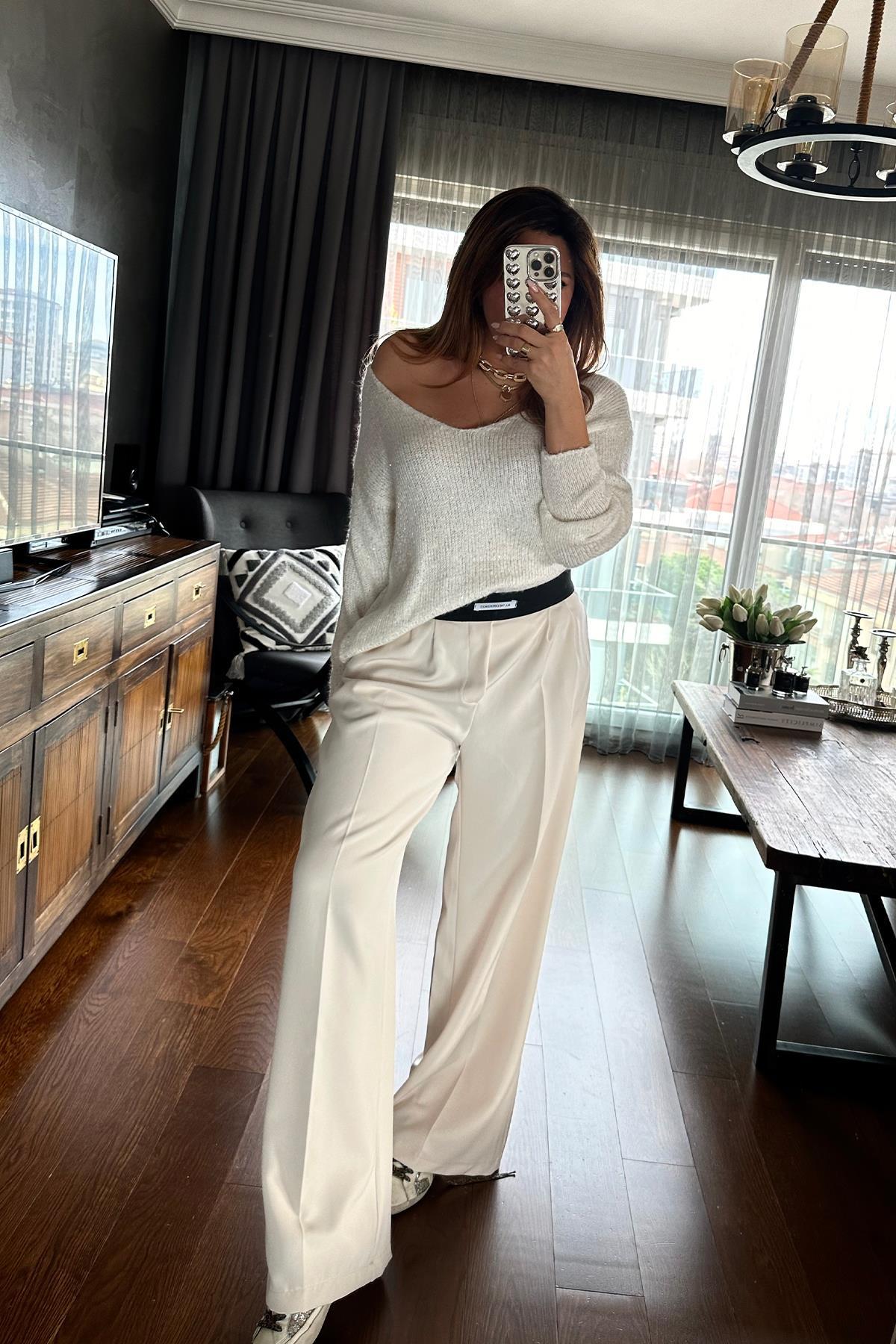 Boxer Model Krep Kumaş Pantolon Krem