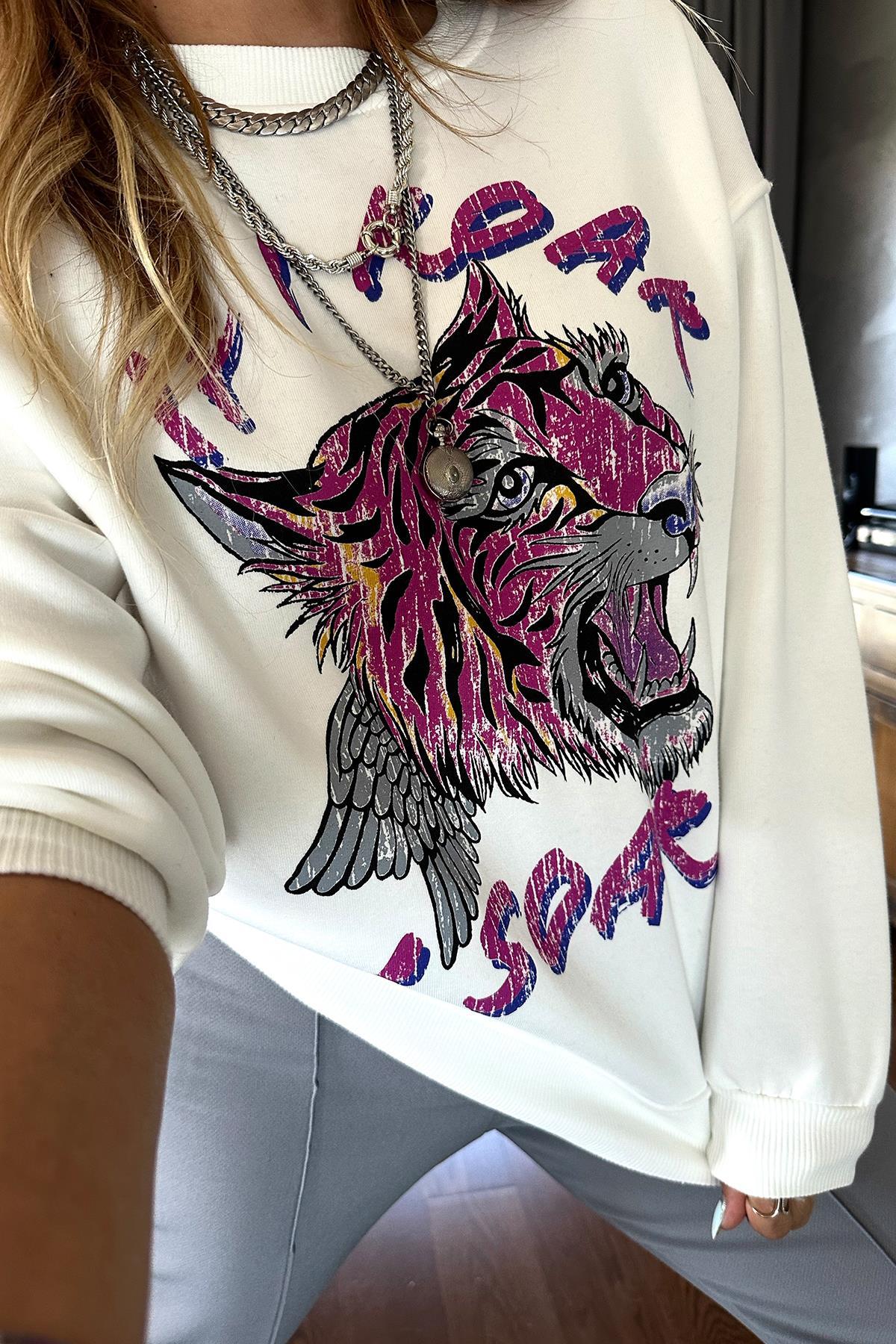 Boyama Kaplan Baskılı Sweatshirt Ekru