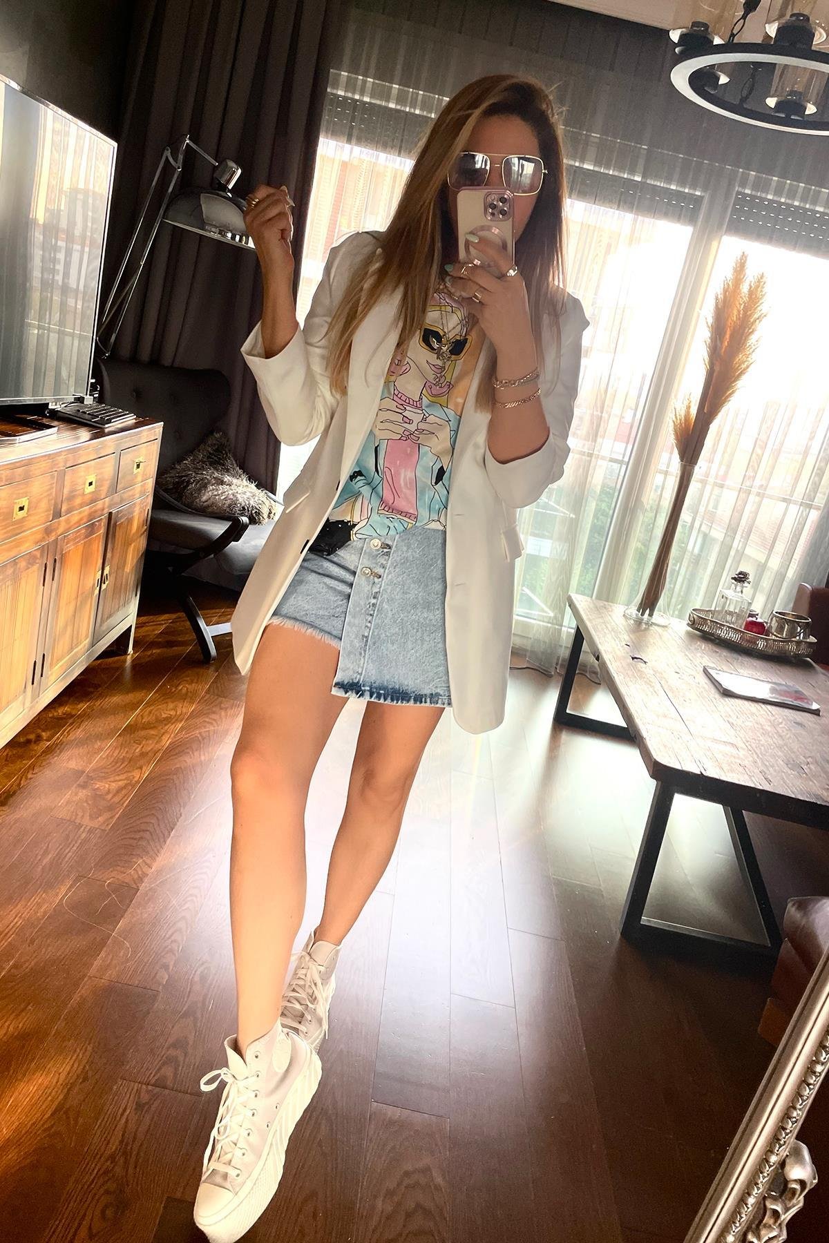 Boyama Kız Baskılı Tshirt Ekru