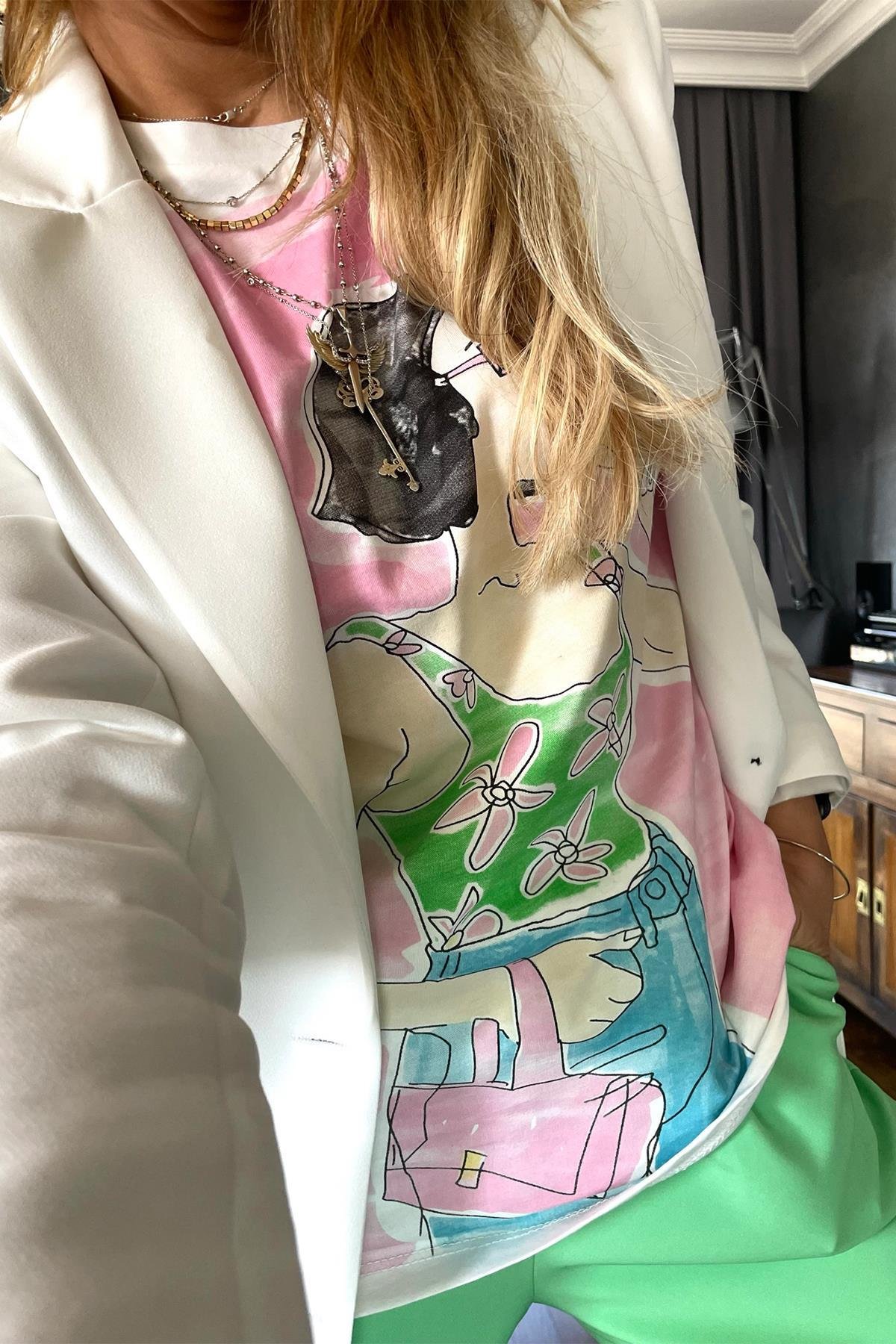 Boyama Kız Baskılı Tshirt Ekru
