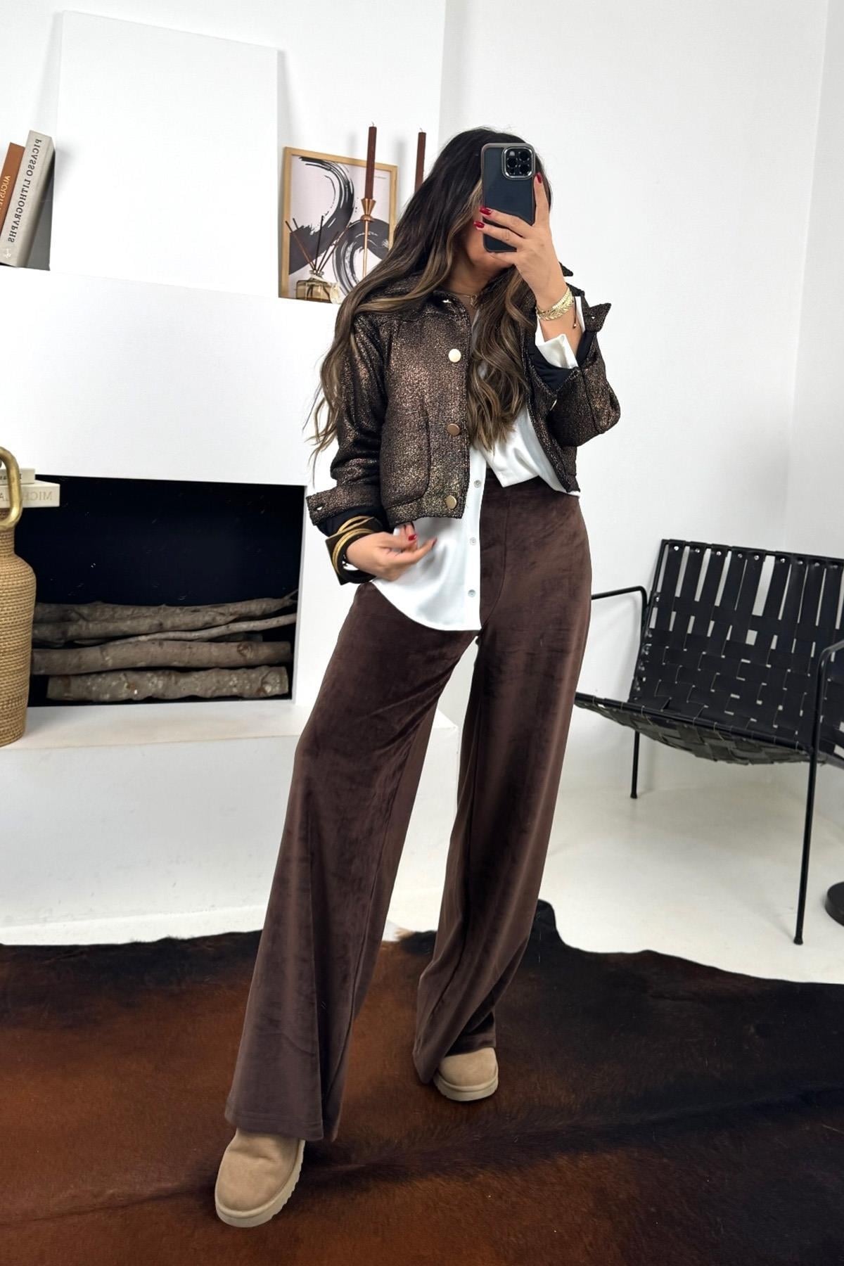 Bronz Varaklı Ceket Acı Kahve