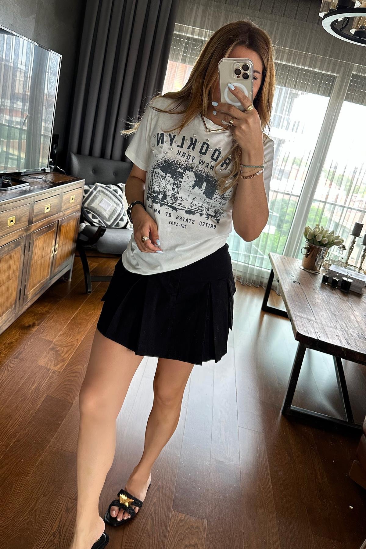 Brooklyn Taşlı Tshirt Ekru