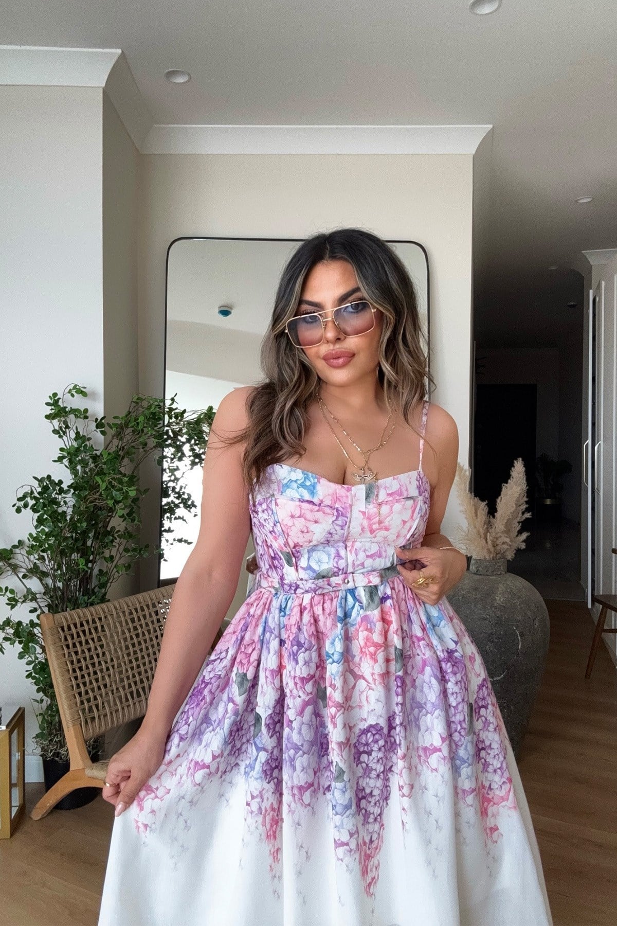 Bustiyer Detaylı Keten Elbise Pembe-Beyaz