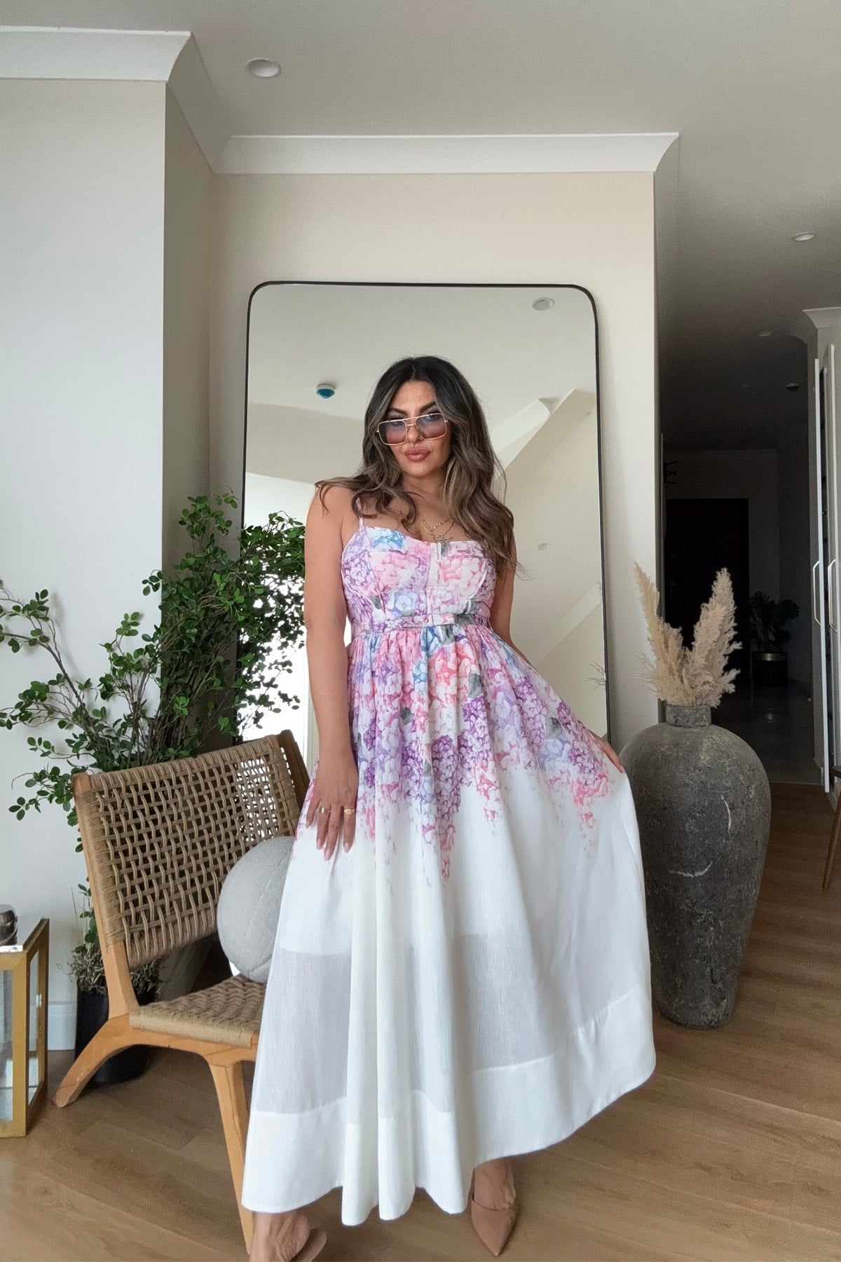 Bustiyer Detaylı Keten Elbise Pembe-Beyaz