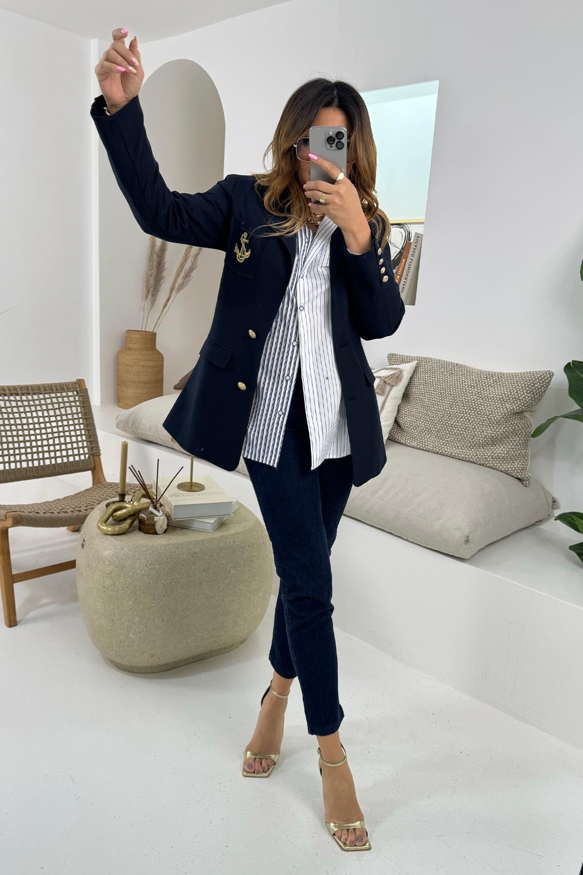 Çapa Nakışlı Blazer Ceket Lacivert