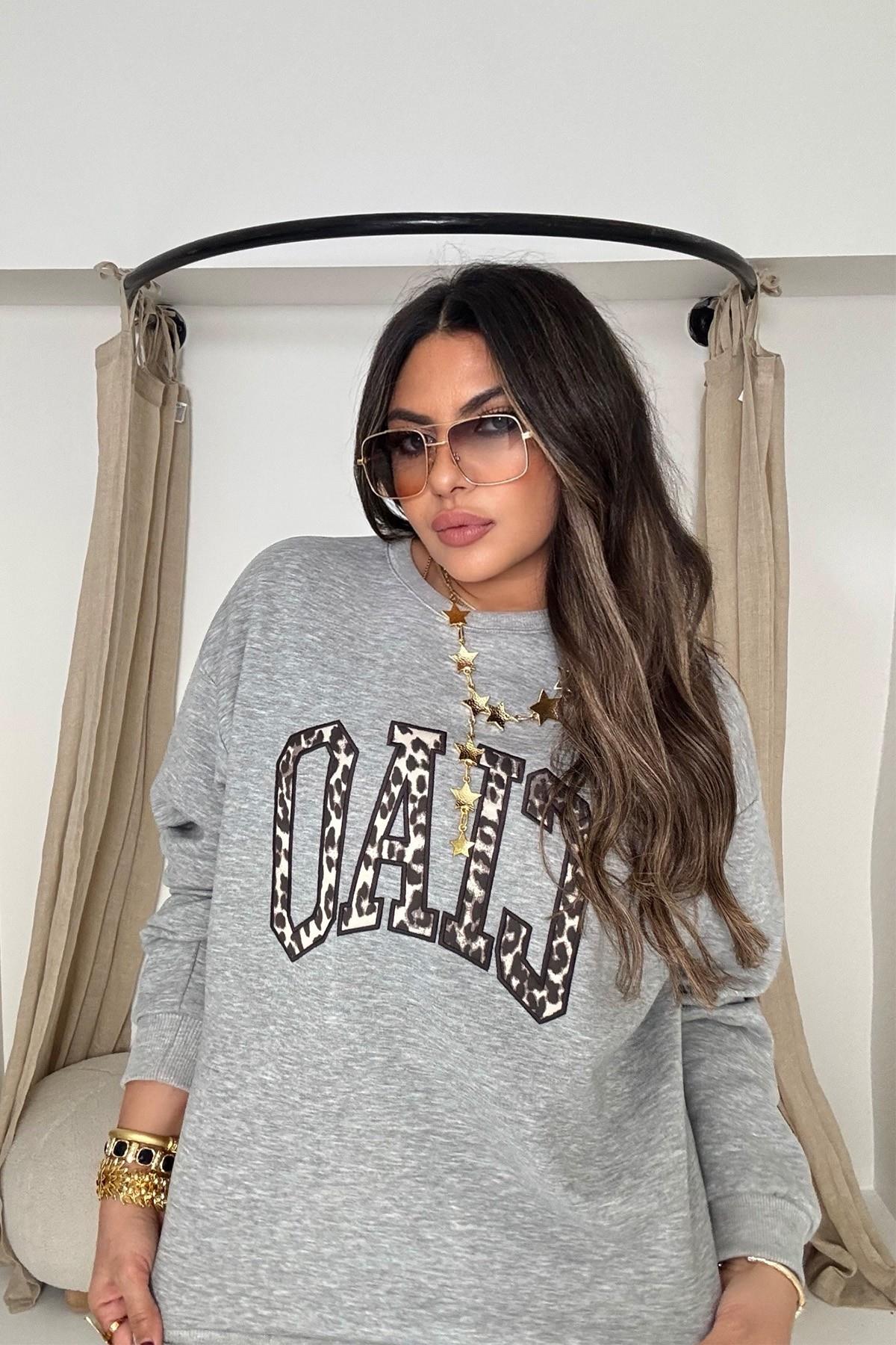 Ciao Leopar Kumaş Apikeli Sweatsirt Gri