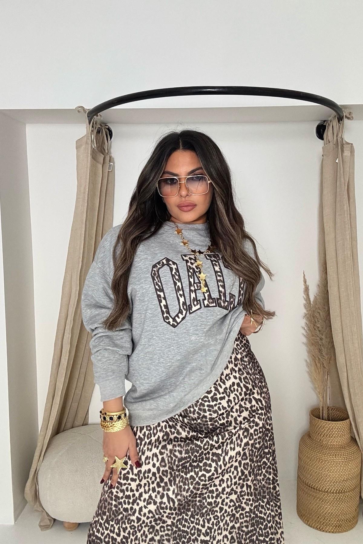 Ciao Leopar Kumaş Apikeli Sweatsirt Gri