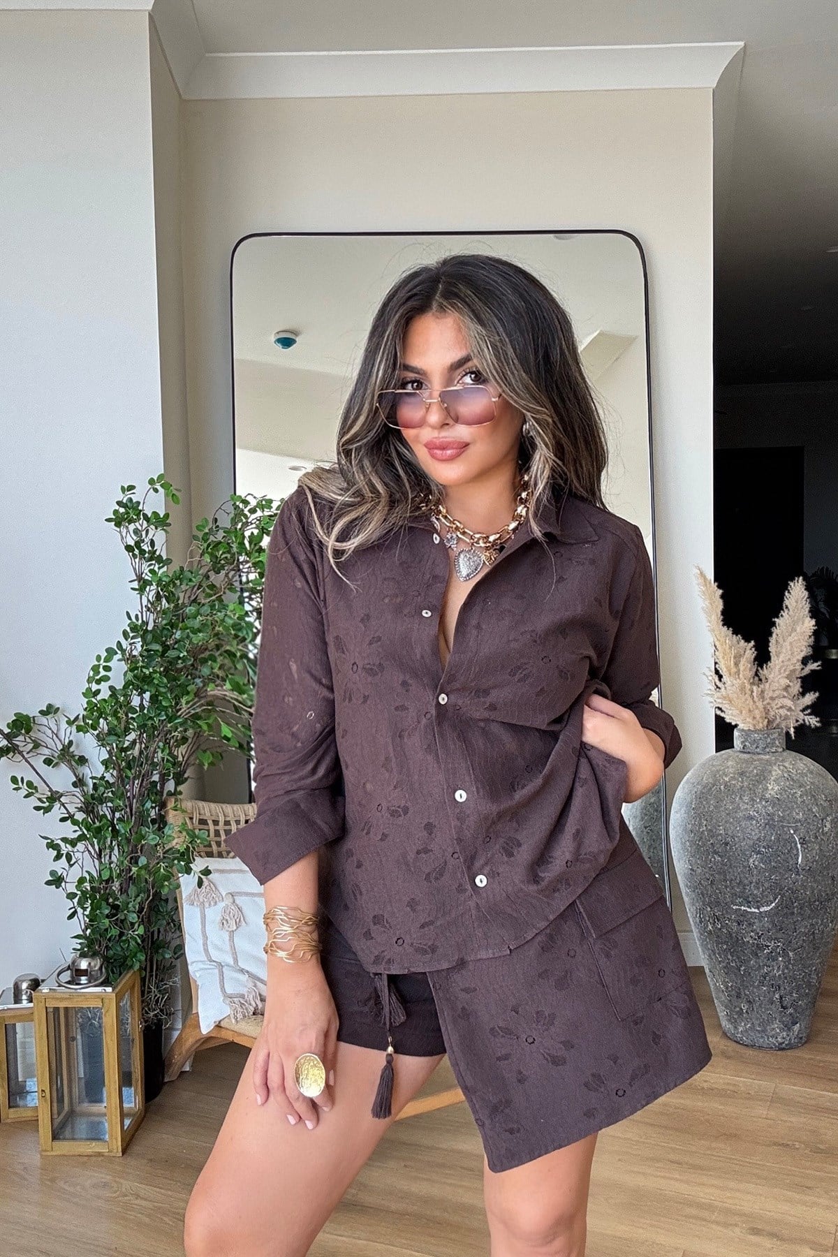 Çiçek Baskı Dokuma Pamuk Gömlek Acı Kahve