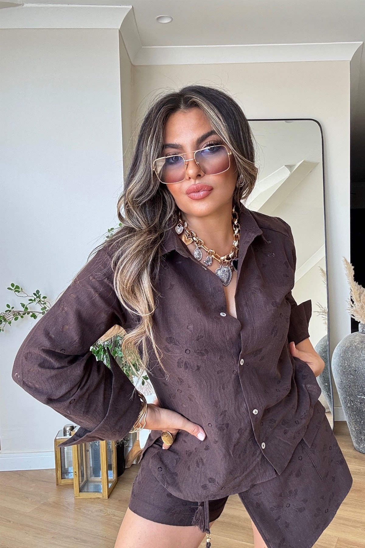 Çiçek Baskı Dokuma Pamuk Gömlek Acı Kahve