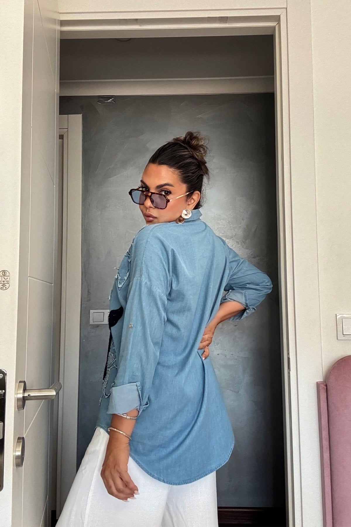 Çiçek Desenli Tencel Jean Gömlek Mavi