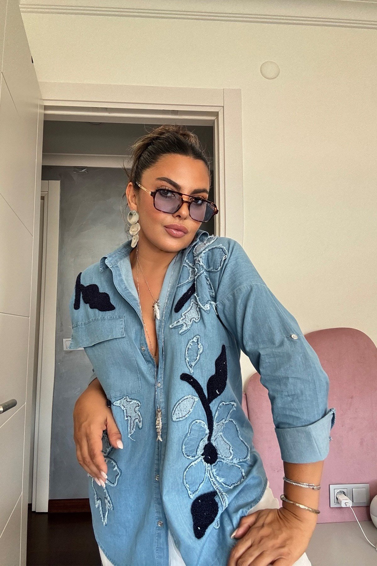 Çiçek Desenli Tencel Jean Gömlek Mavi