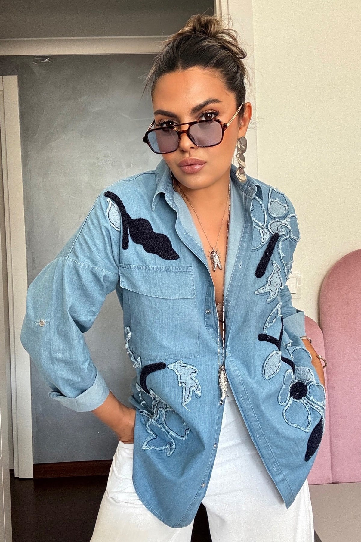 Çiçek Desenli Tencel Jean Gömlek Mavi