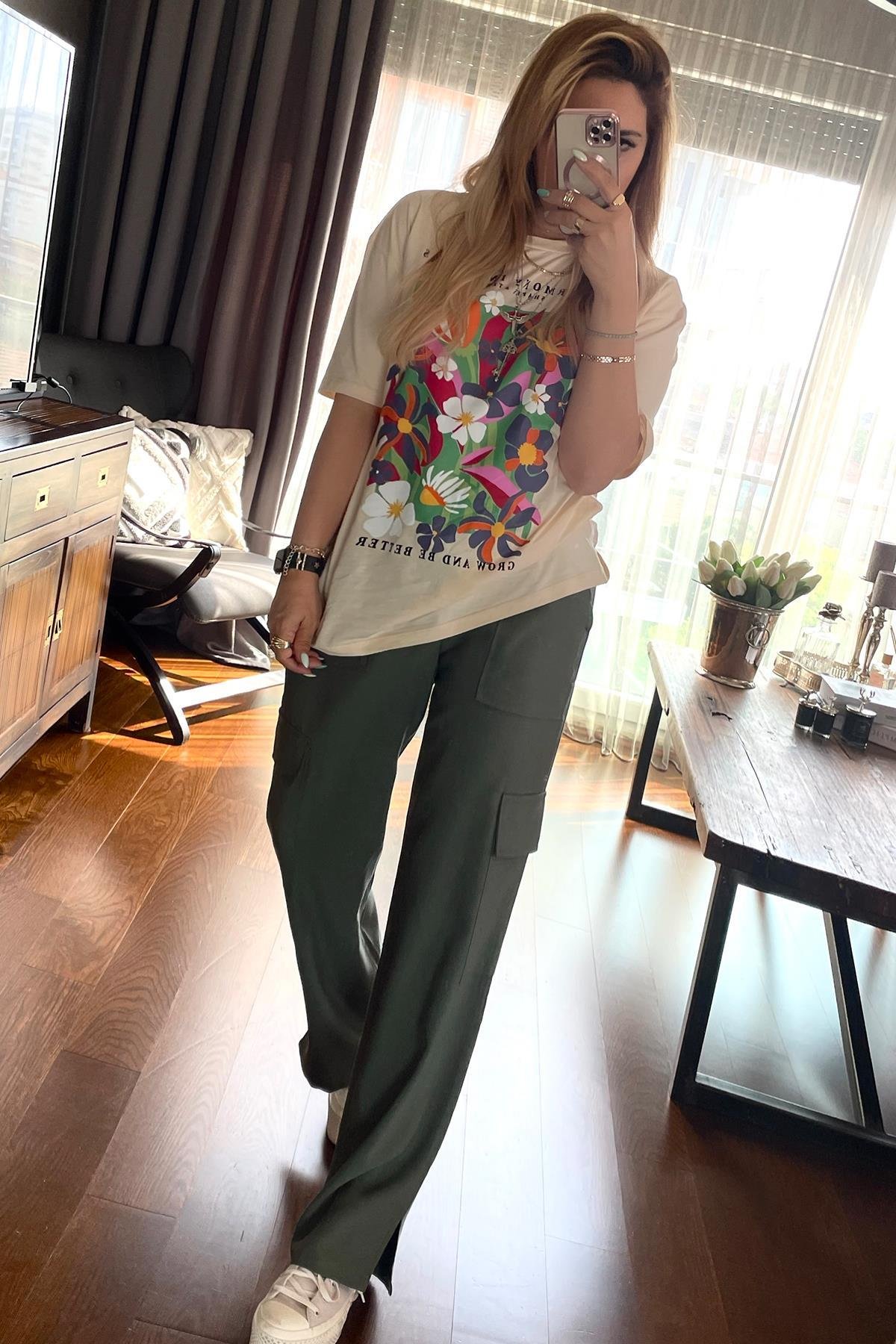 Çiçekli Harmony Tshirt Sütlü Bej