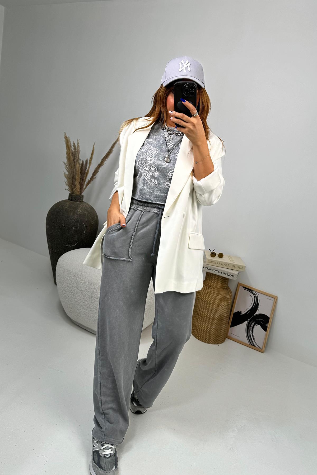 Çift Kaplan Yıkamalı Crop Tshirt Açık Gri