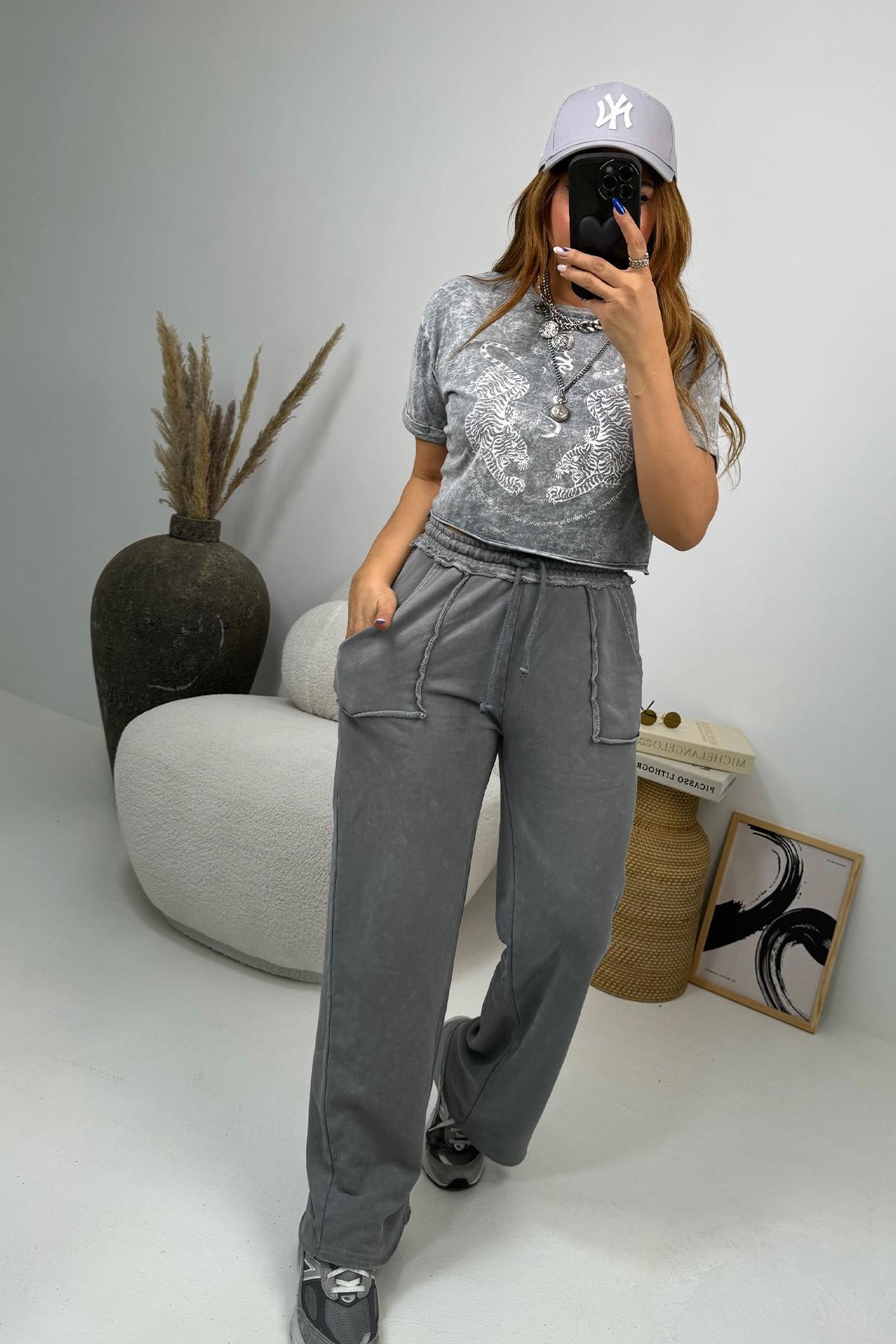 Çift Kaplan Yıkamalı Crop Tshirt Açık Gri