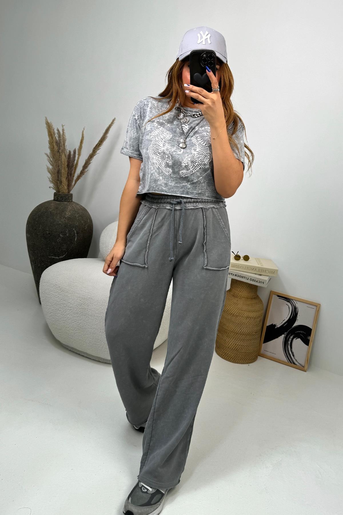 Çift Kaplan Yıkamalı Crop Tshirt Açık Gri