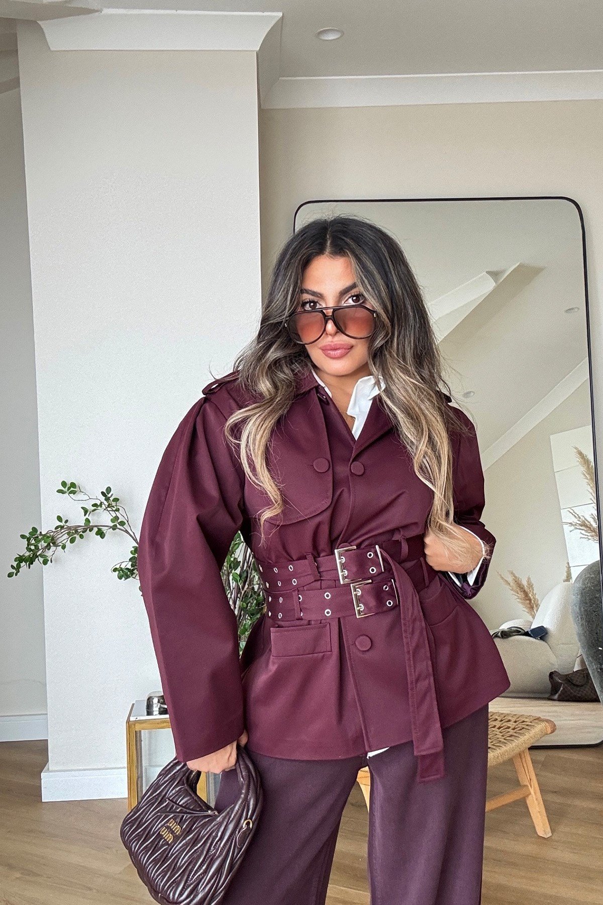 Çift Kemer Detaylı Trenchcoat Mürdüm