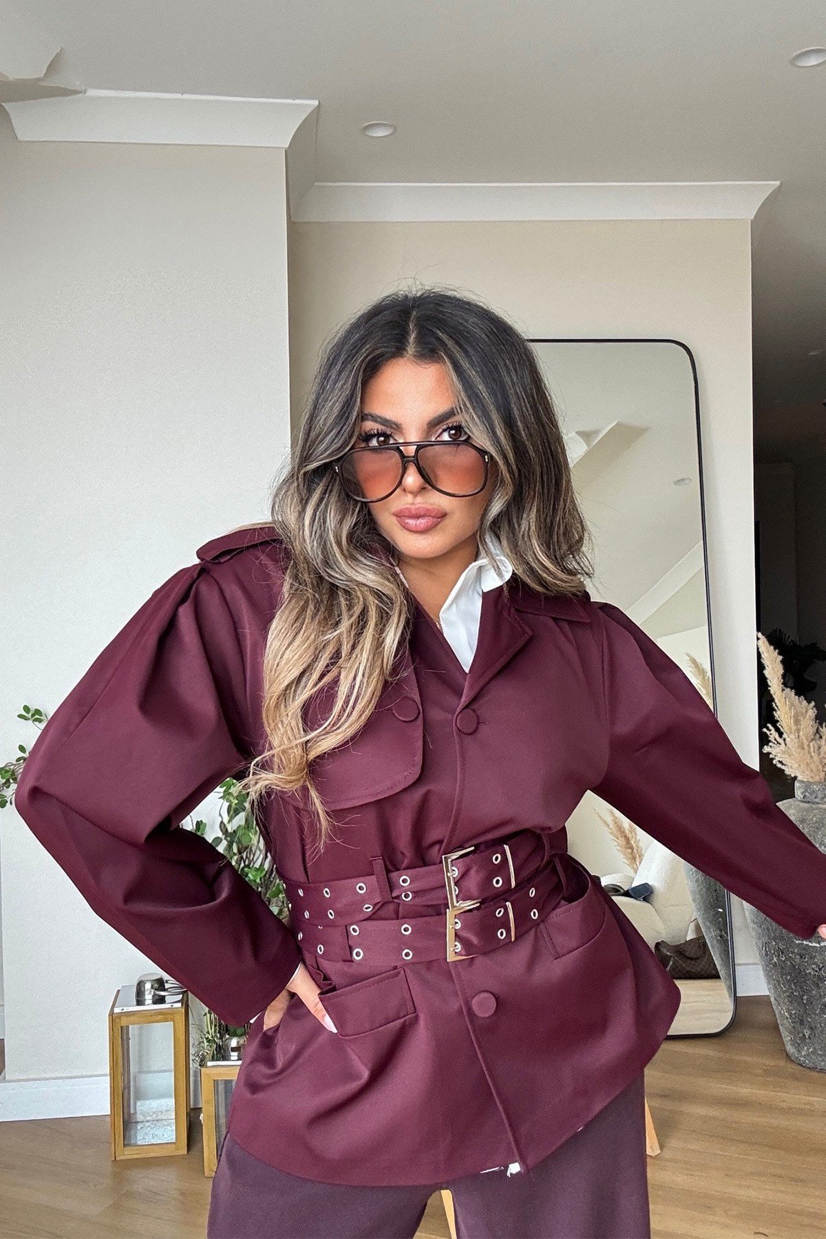 Çift Kemer Detaylı Trenchcoat Mürdüm