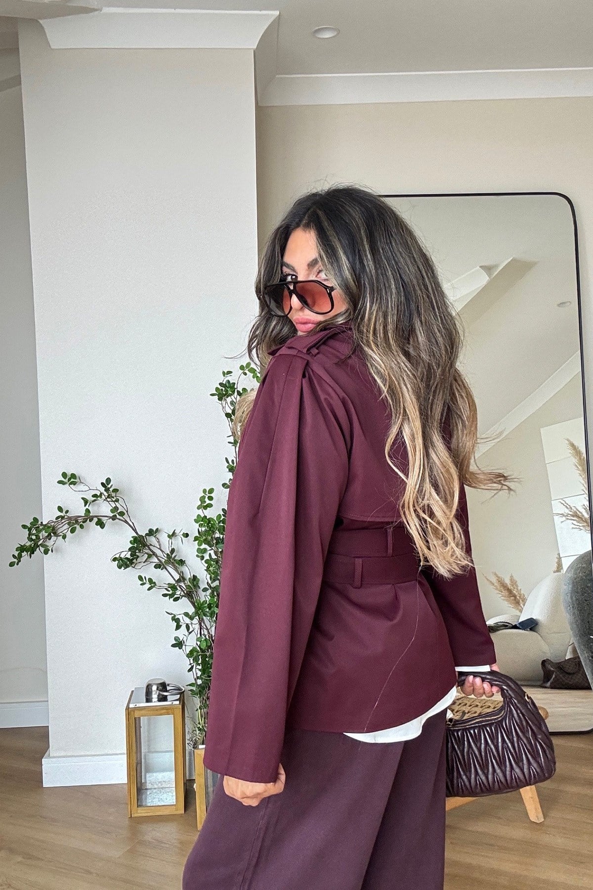 Çift Kemer Detaylı Trenchcoat Mürdüm