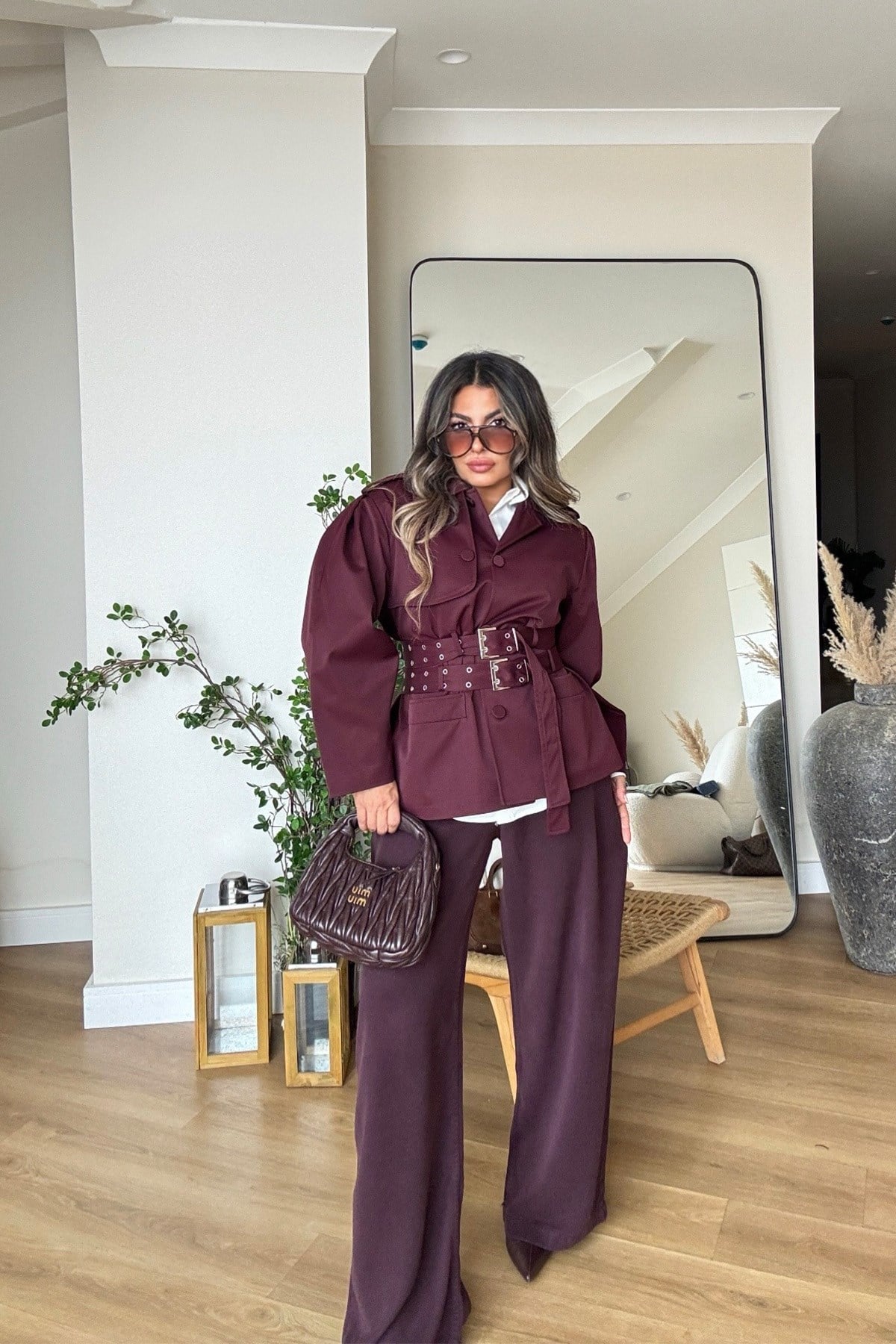 Çift Kemer Detaylı Trenchcoat Mürdüm