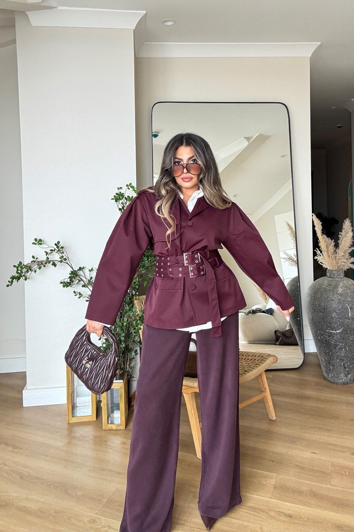 Çift Kemer Detaylı Trenchcoat Mürdüm
