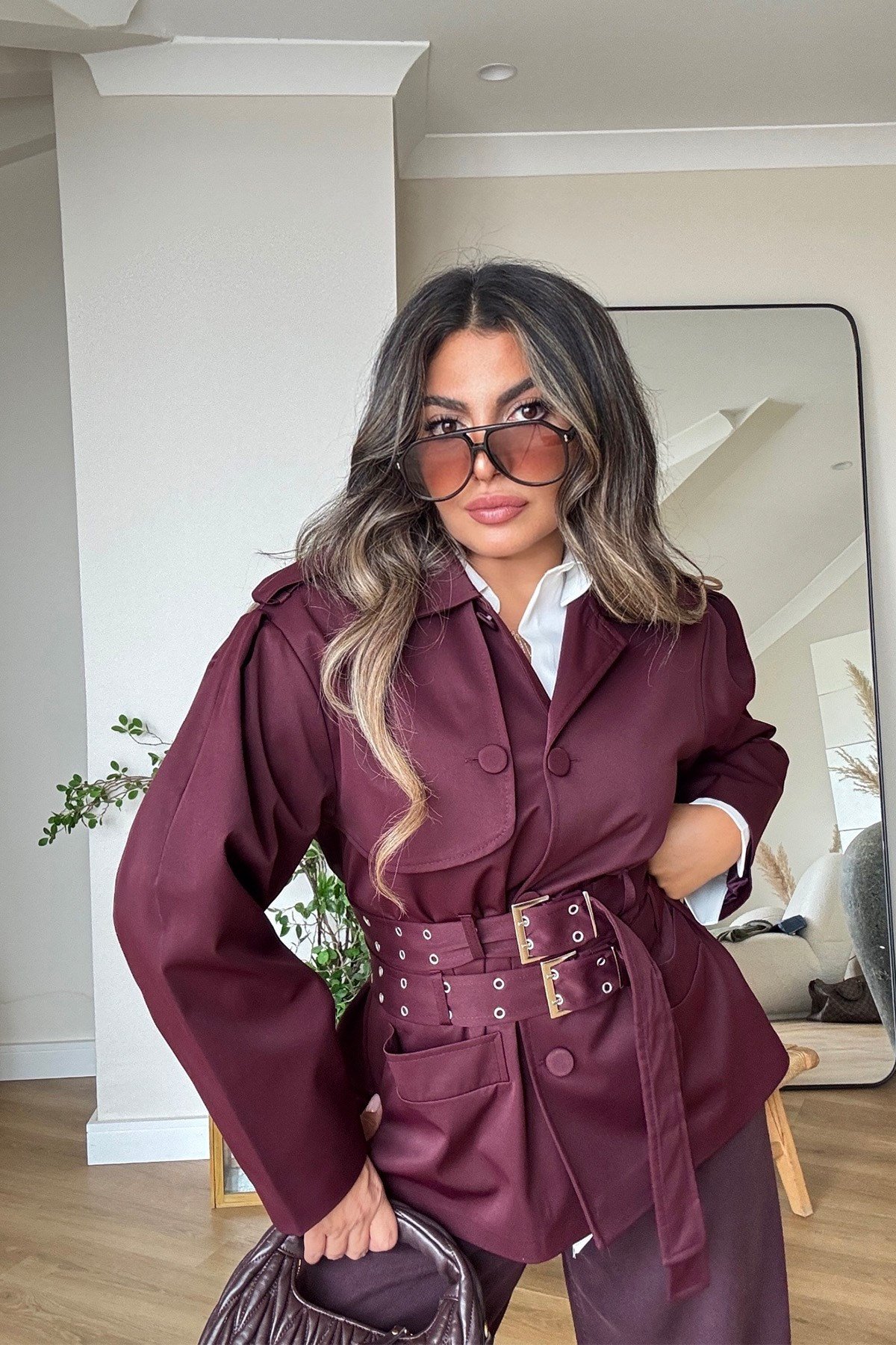 Çift Kemer Detaylı Trenchcoat Mürdüm