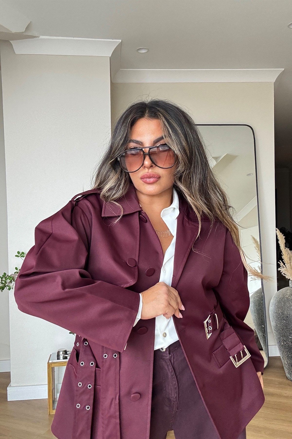 Çift Kemer Detaylı Trenchcoat Mürdüm
