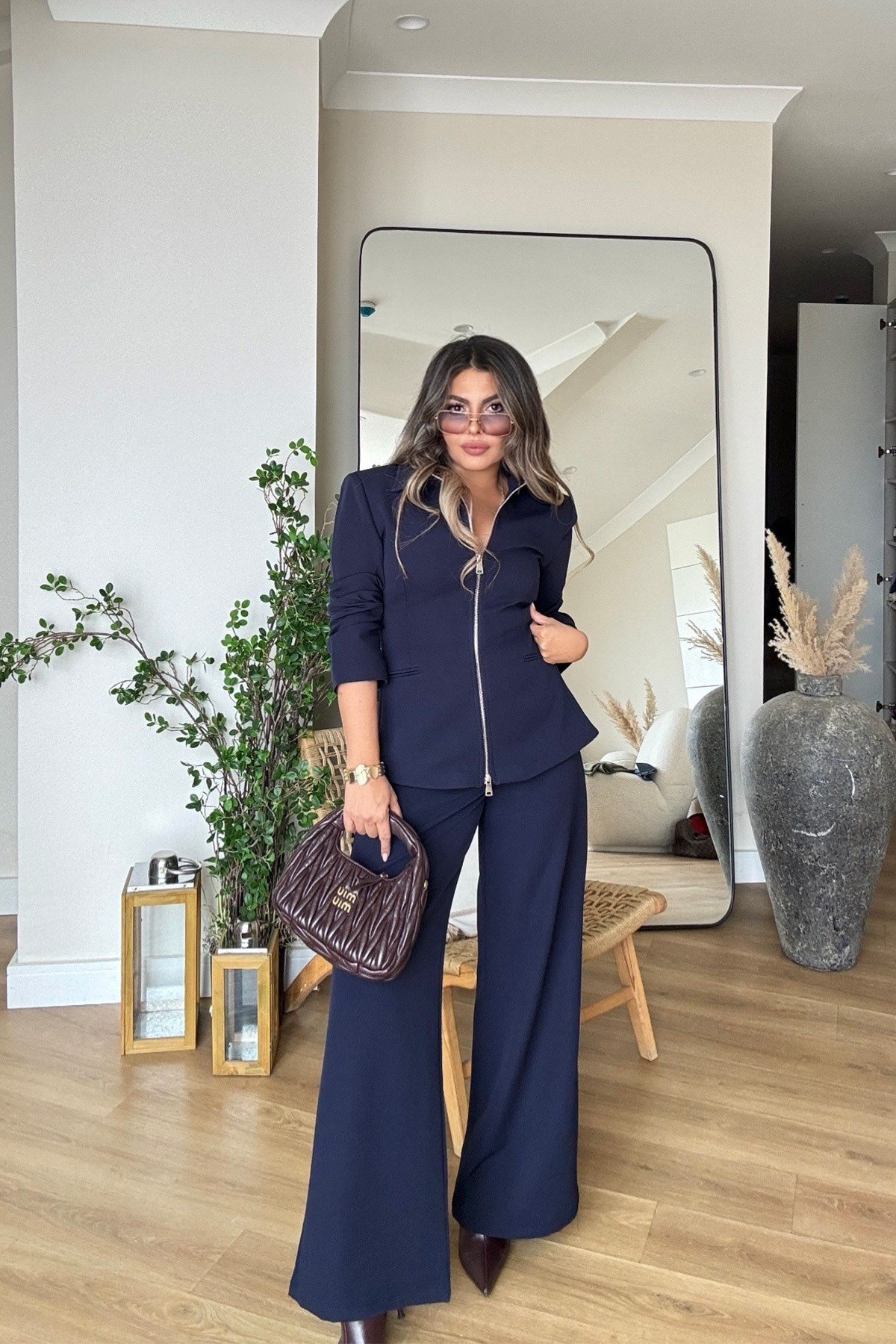 Çift Yön Fermuarlı Blazer Ceket Takım Lacivert
