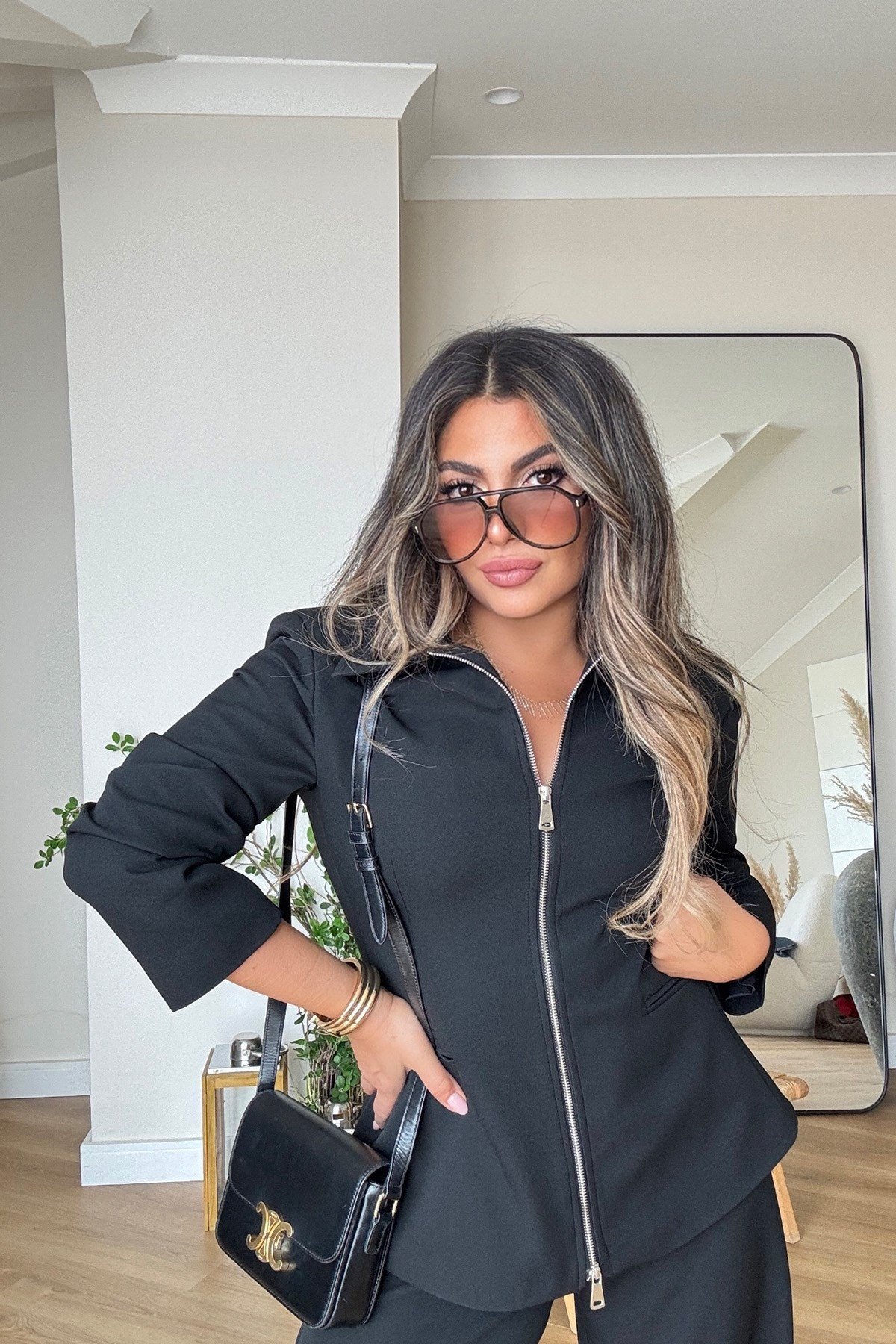 Çift Yön Fermuarlı Blazer Ceket Takım Siyah