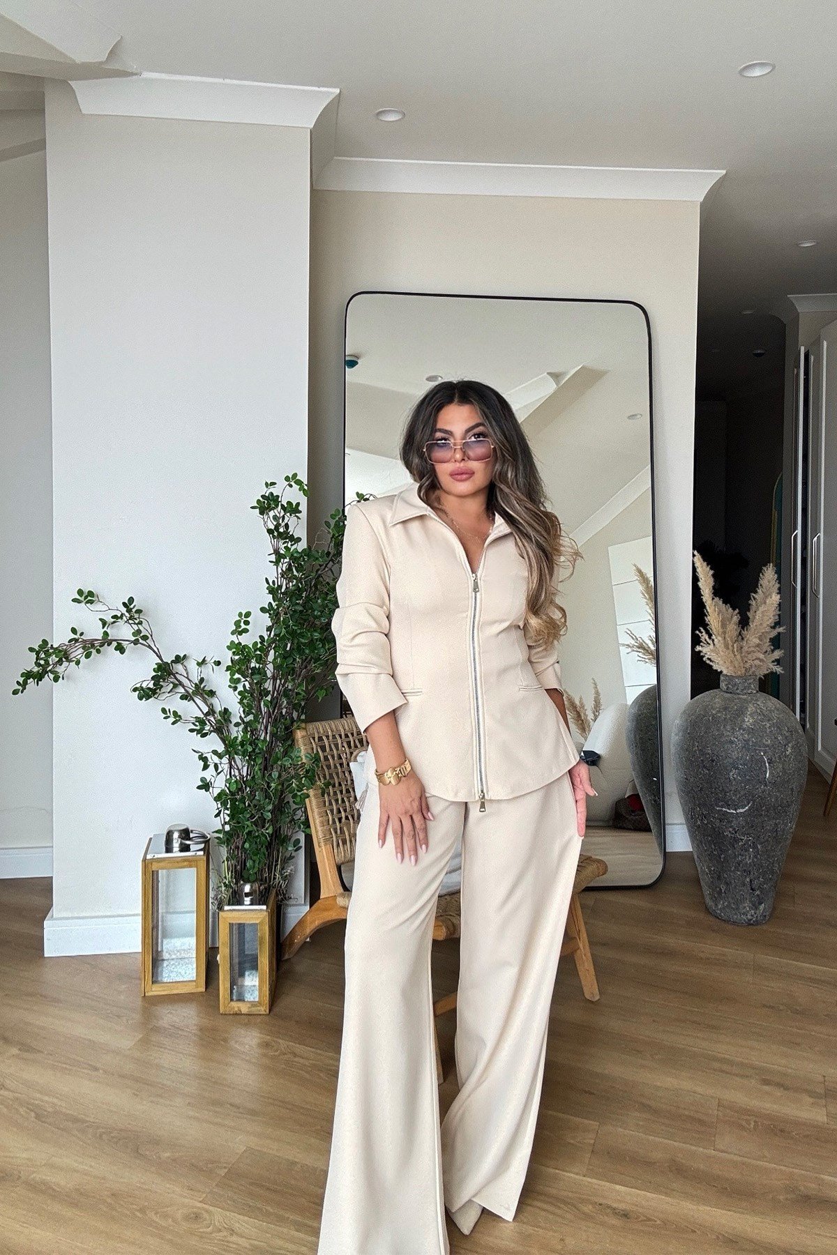 Çift Yön Fermuarlı Blazer Ceket Takım Taş
