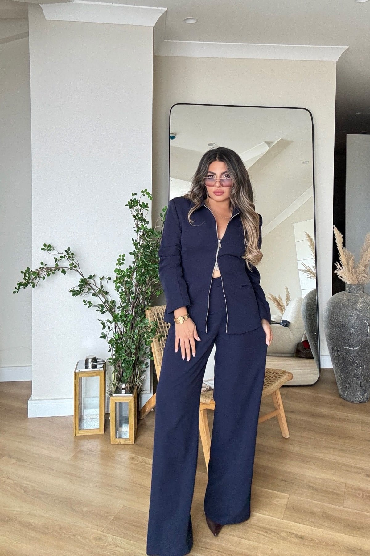 Çift Yön Fermuarlı Blazer Ceket Takım Lacivert
