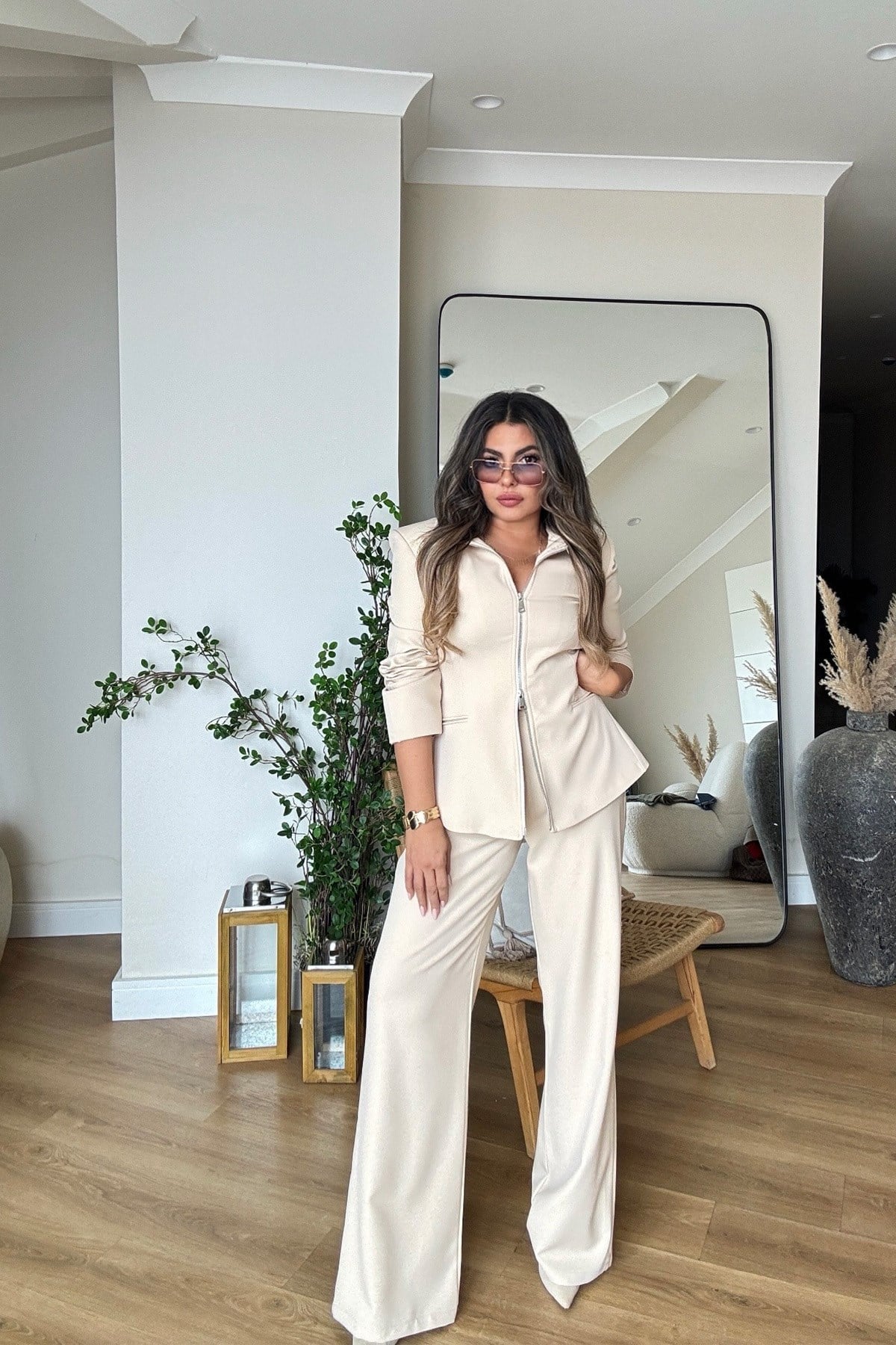 Çift Yön Fermuarlı Blazer Ceket Takım Taş