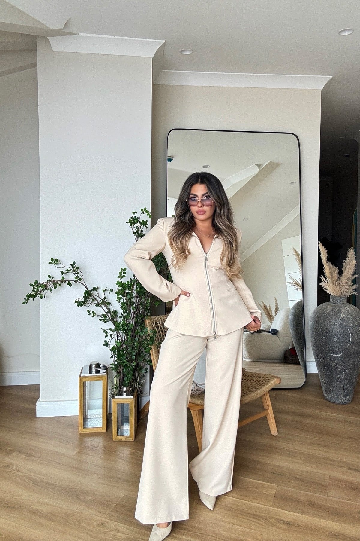 Çift Yön Fermuarlı Blazer Ceket Takım Taş
