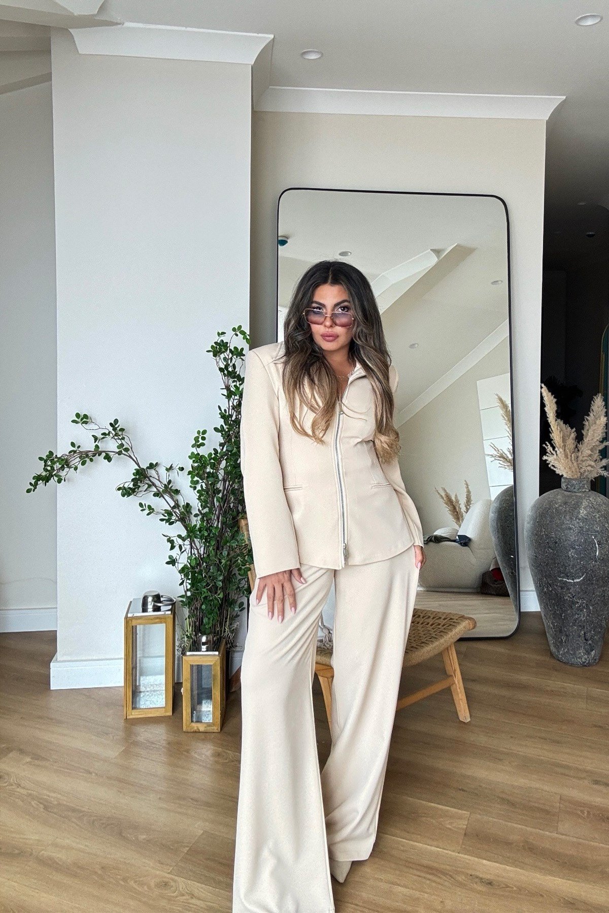 Çift Yön Fermuarlı Blazer Ceket Takım Taş