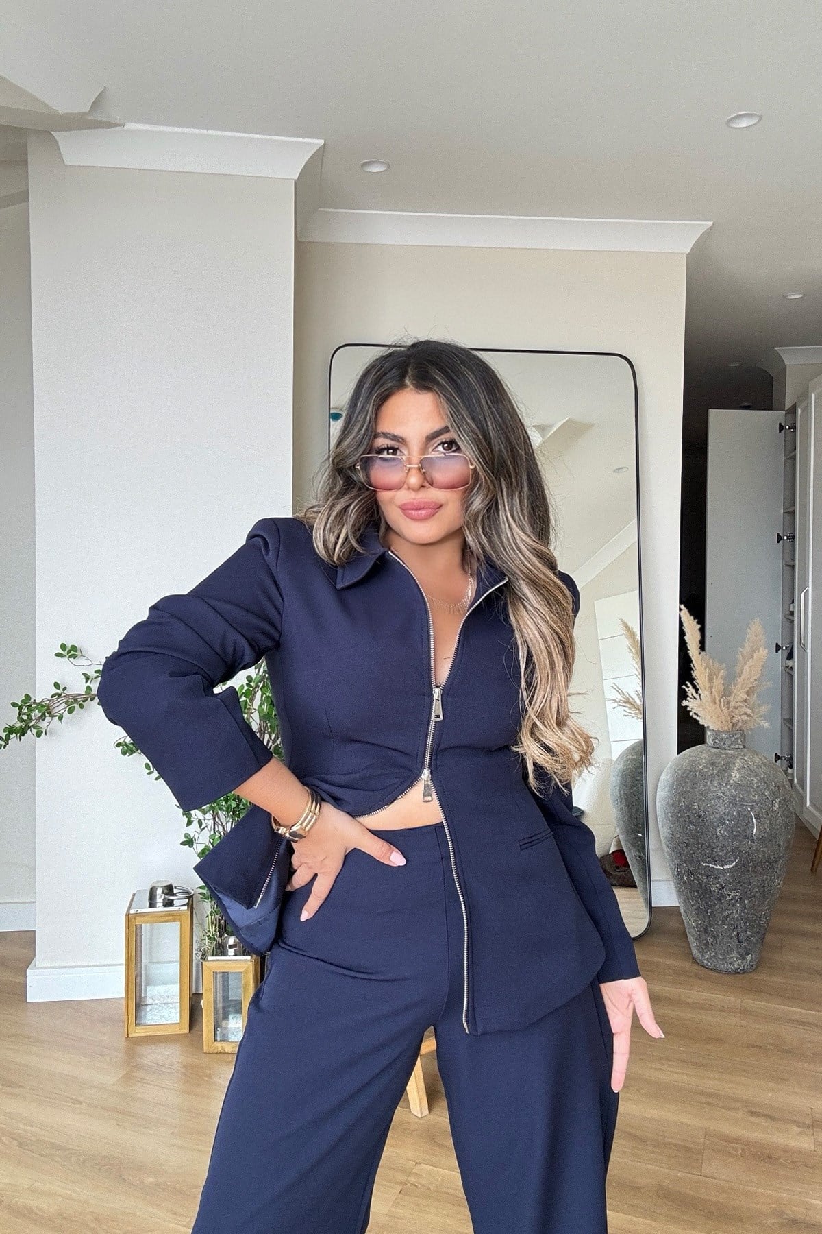 Çift Yön Fermuarlı Blazer Ceket Takım Lacivert